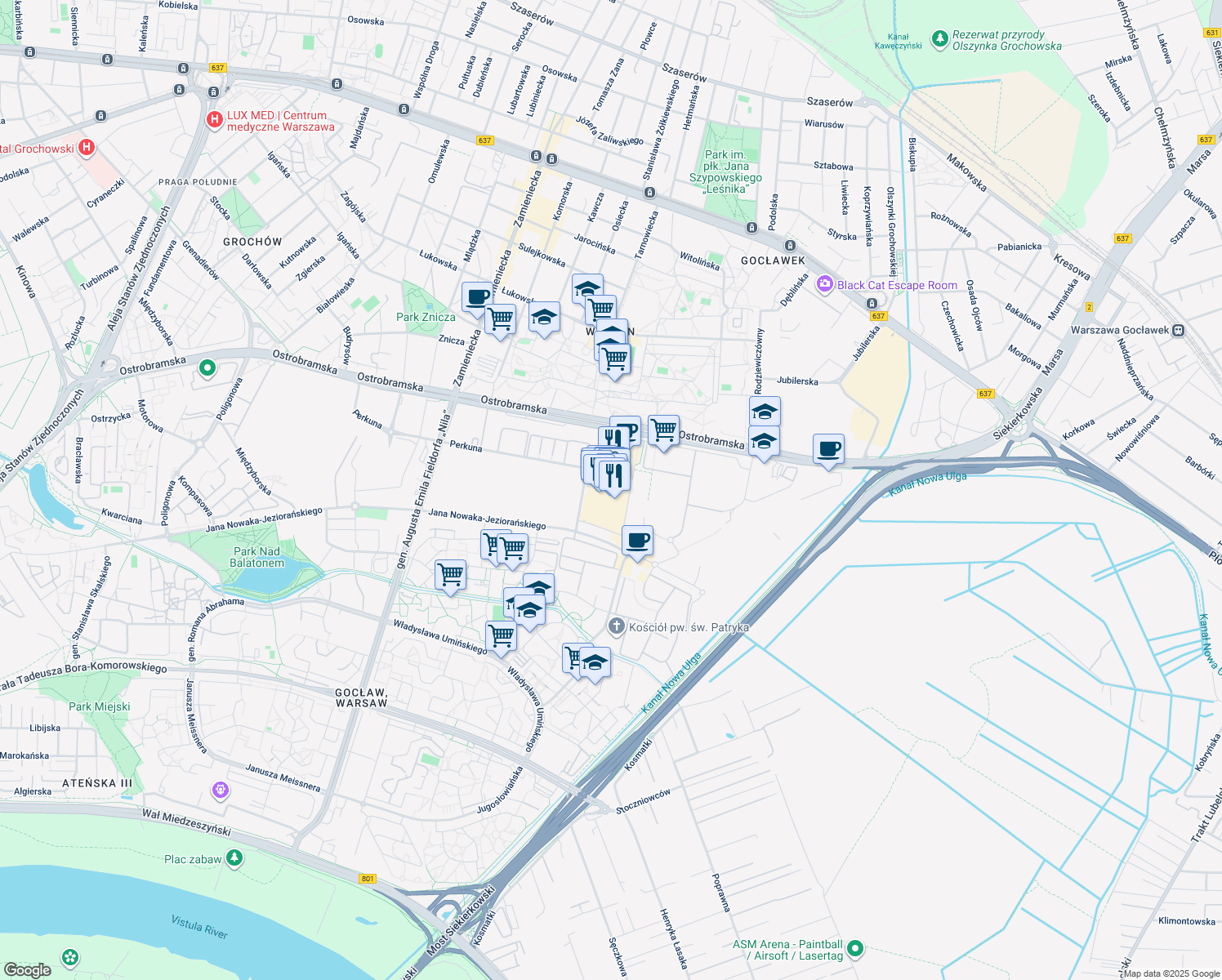 map of restaurants, bars, coffee shops, grocery stores, and more near 75c Ostrobramska in Warsaw