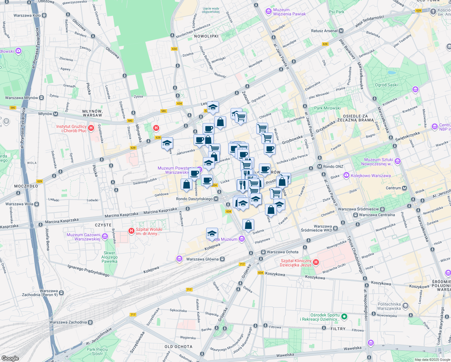 map of restaurants, bars, coffee shops, grocery stores, and more near 45 Łucka in Warszawa