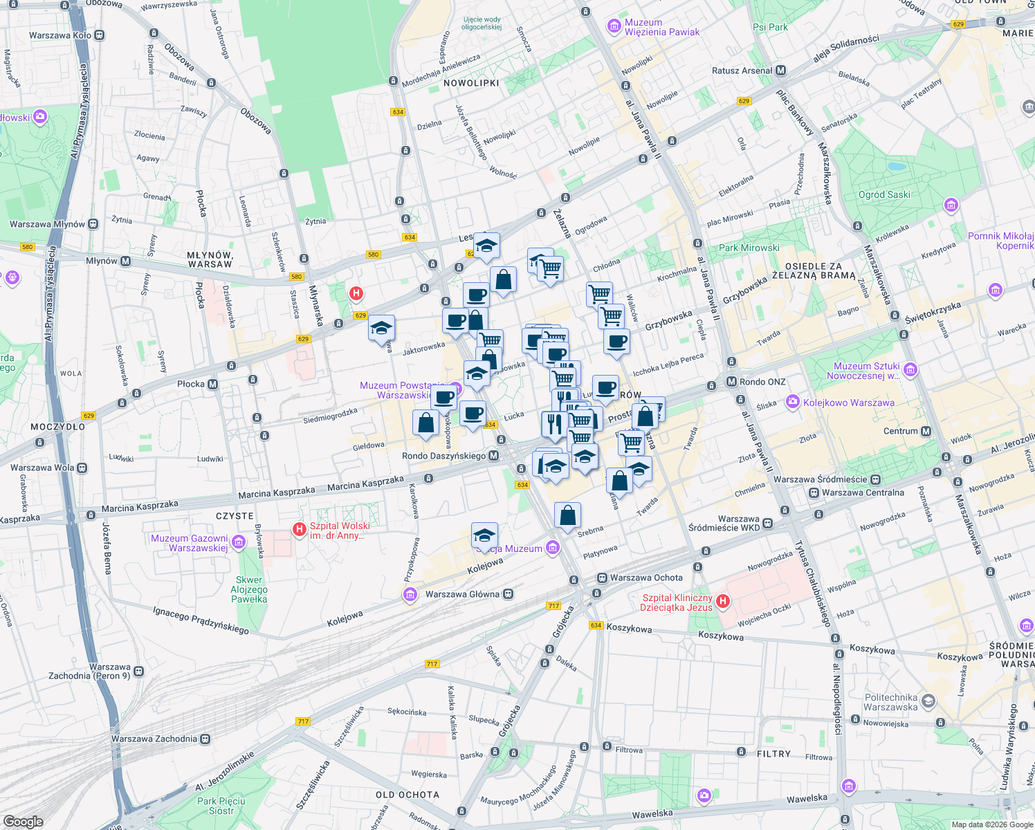 map of restaurants, bars, coffee shops, grocery stores, and more near 45 Łucka in Warszawa