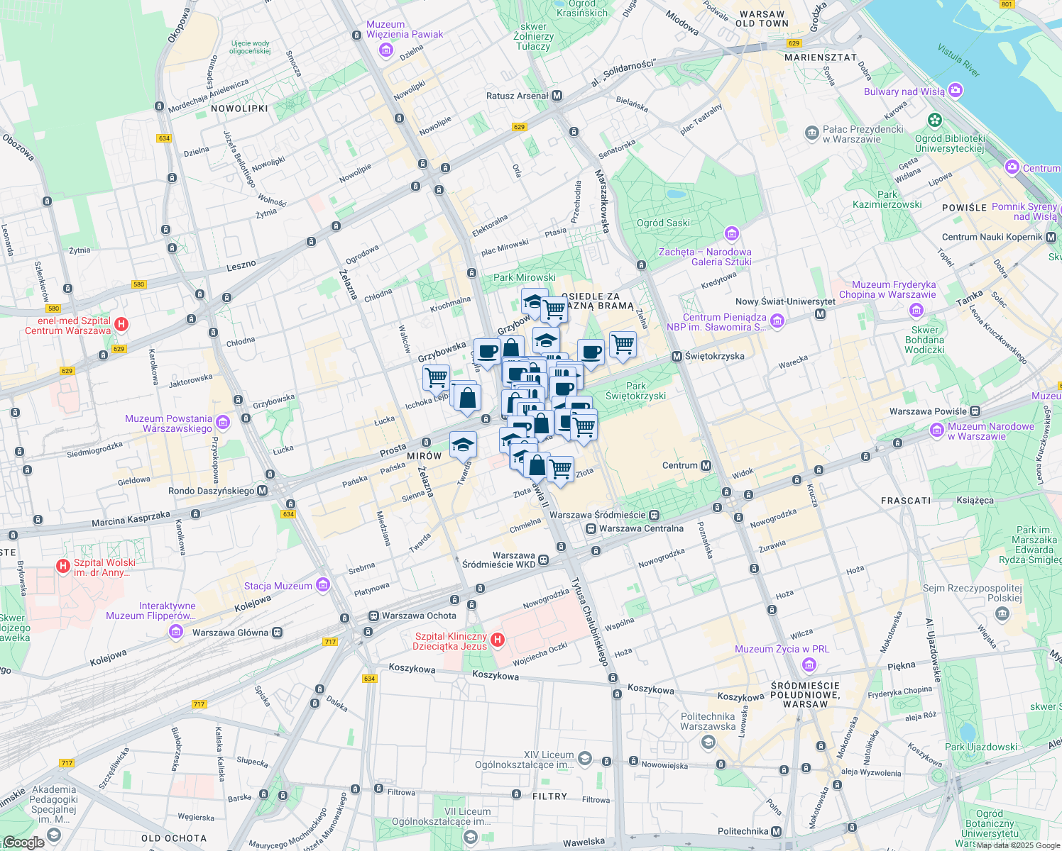 map of restaurants, bars, coffee shops, grocery stores, and more near 1 rondo ONZ in Warszawa