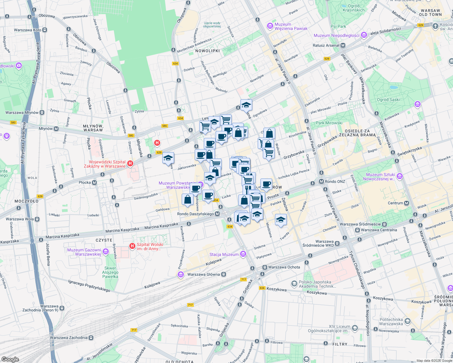 map of restaurants, bars, coffee shops, grocery stores, and more near 1 plac Europejski in Warszawa