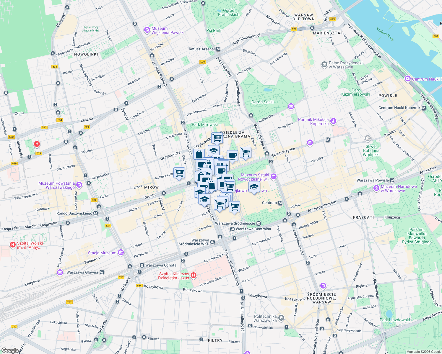 map of restaurants, bars, coffee shops, grocery stores, and more near 53 Emilii Plater in Warszawa