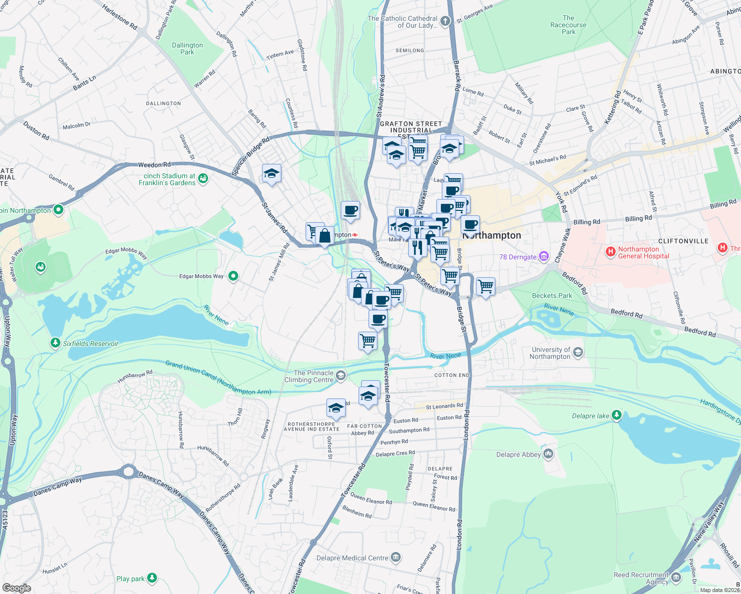 map of restaurants, bars, coffee shops, grocery stores, and more near Saint James' Mill Road in Northamptonshire