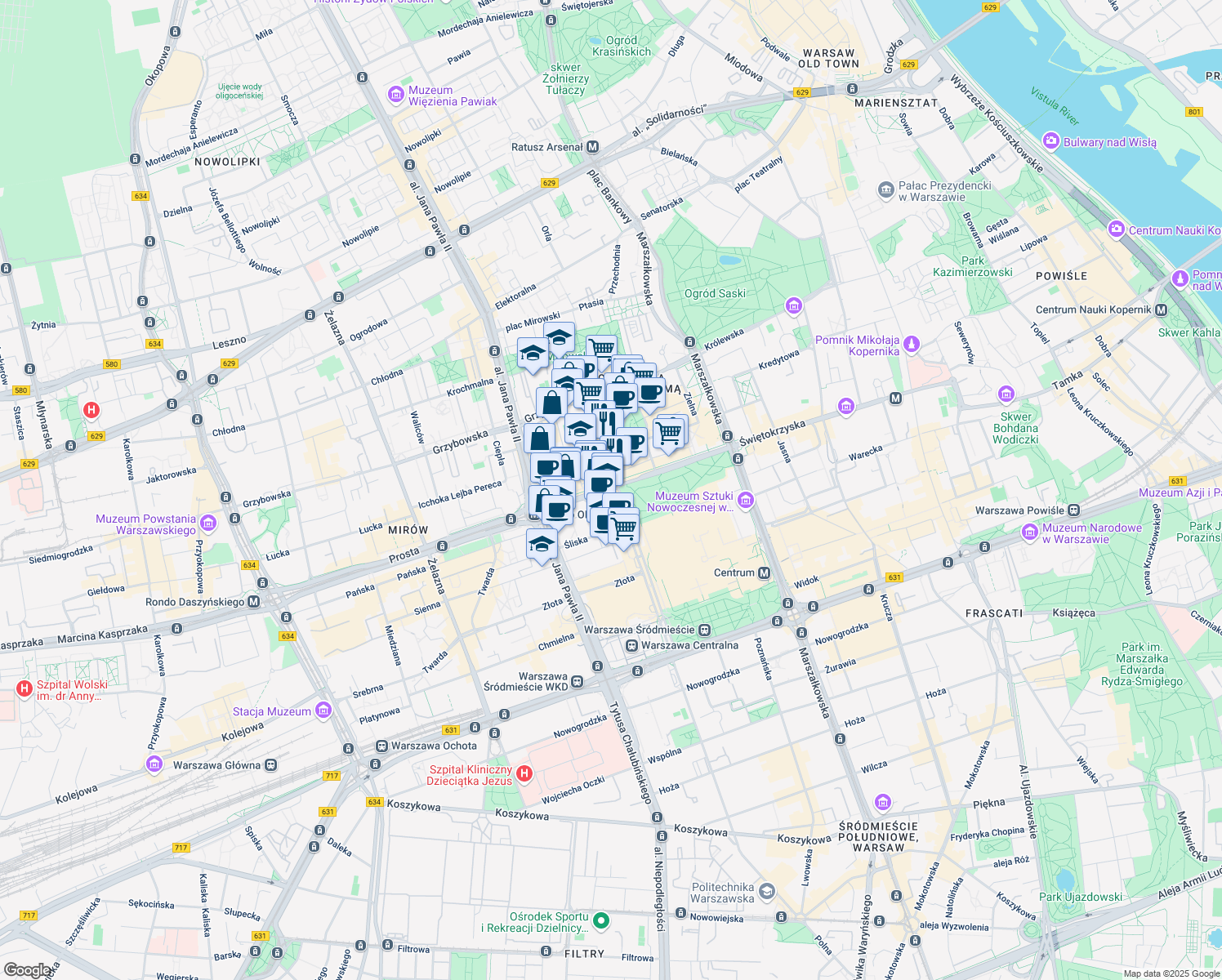 map of restaurants, bars, coffee shops, grocery stores, and more near 45 Emilii Plater in Warszawa