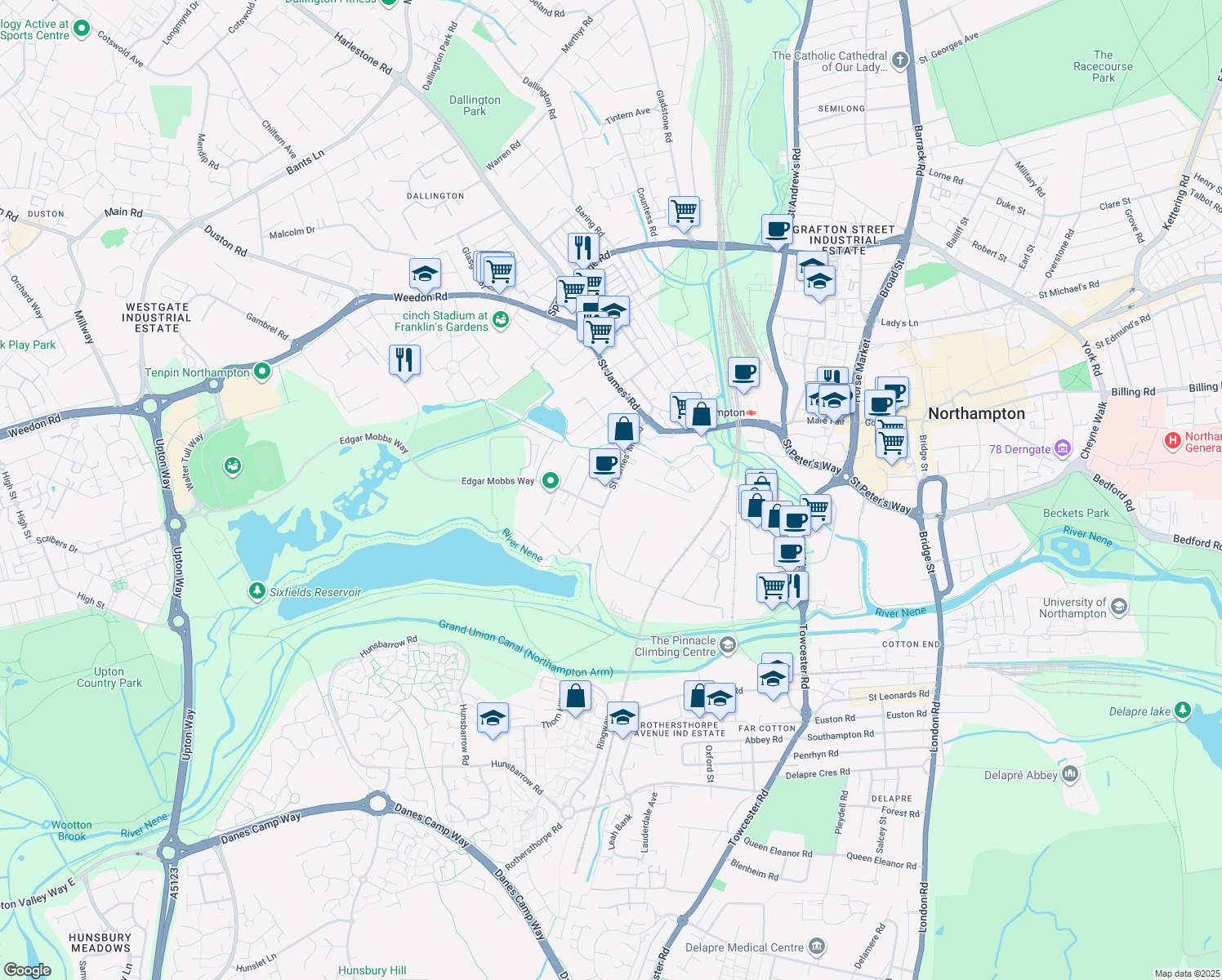 map of restaurants, bars, coffee shops, grocery stores, and more near Saint James' Mill Road in Northamptonshire