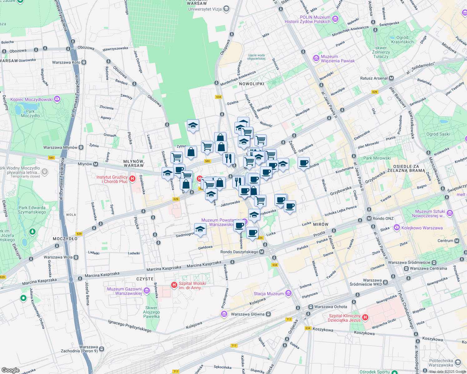 map of restaurants, bars, coffee shops, grocery stores, and more near 171 aleja "Solidarności" in Warszawa