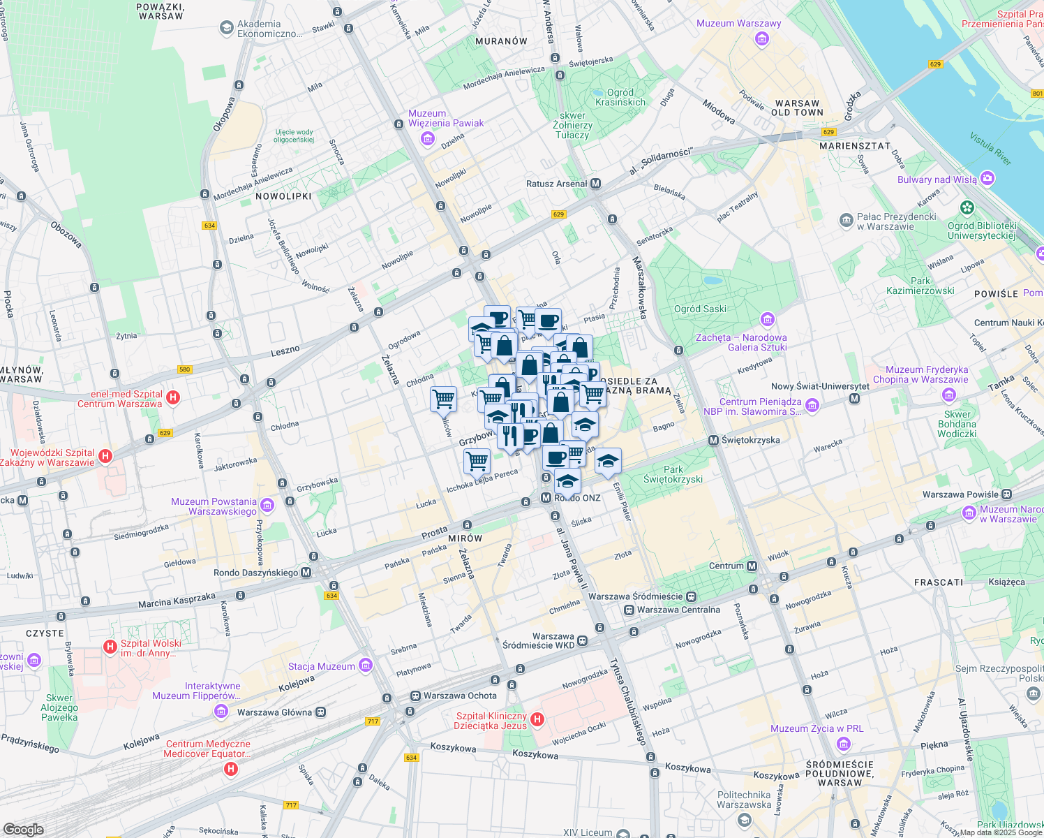 map of restaurants, bars, coffee shops, grocery stores, and more near in Warsaw