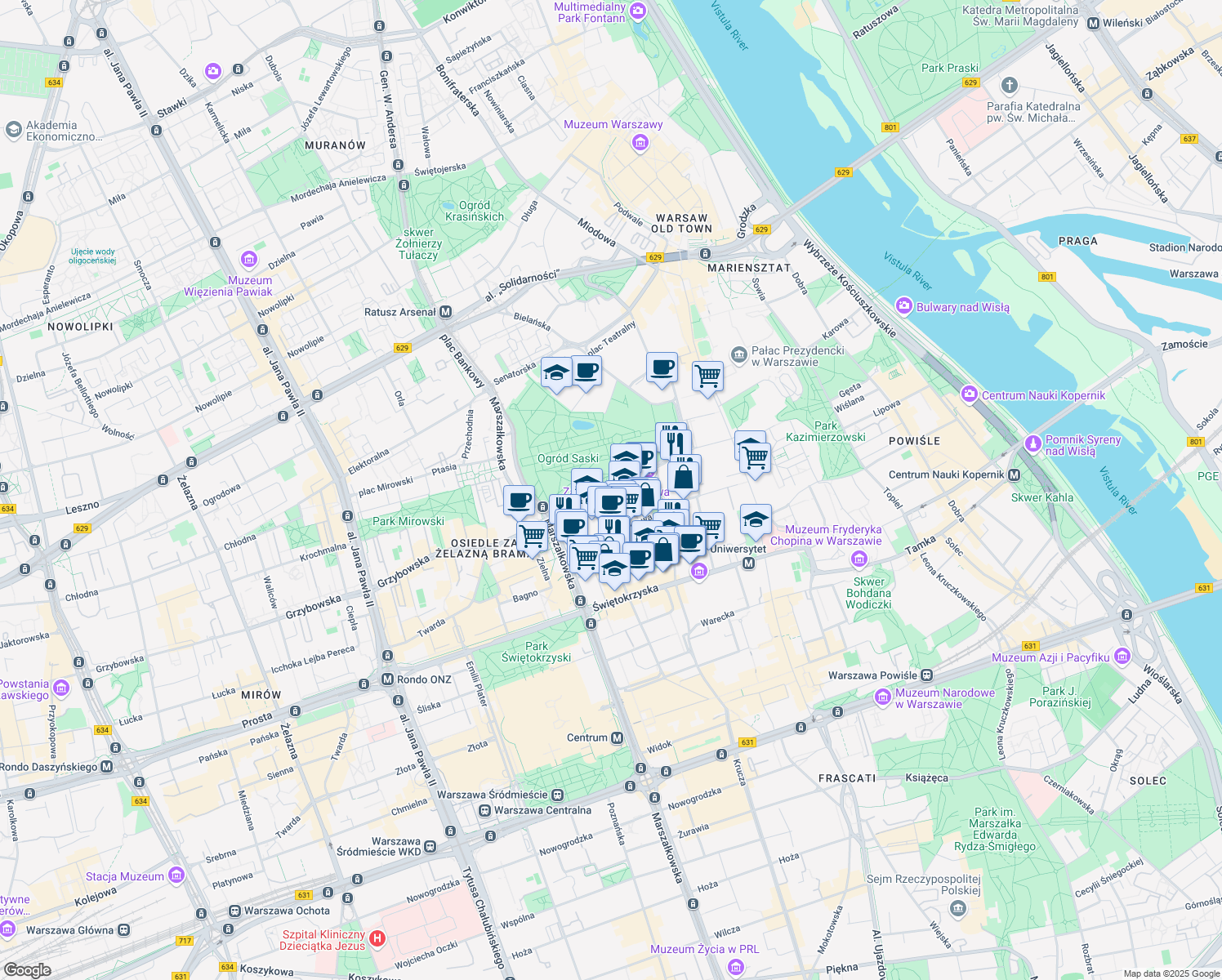 map of restaurants, bars, coffee shops, grocery stores, and more near Królewska in Warszawa