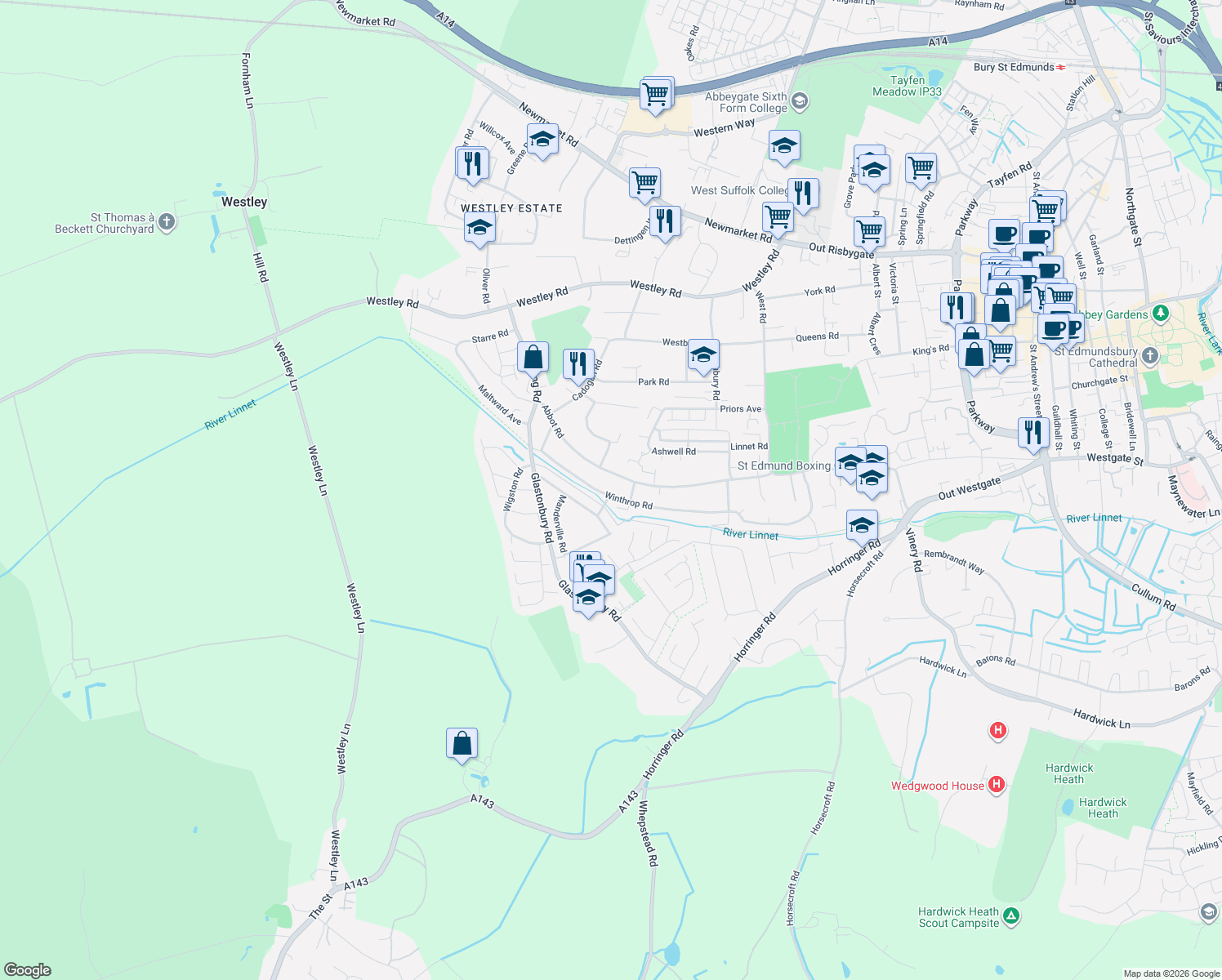 map of restaurants, bars, coffee shops, grocery stores, and more near 90 Winthrop Road in Bury St Edmunds