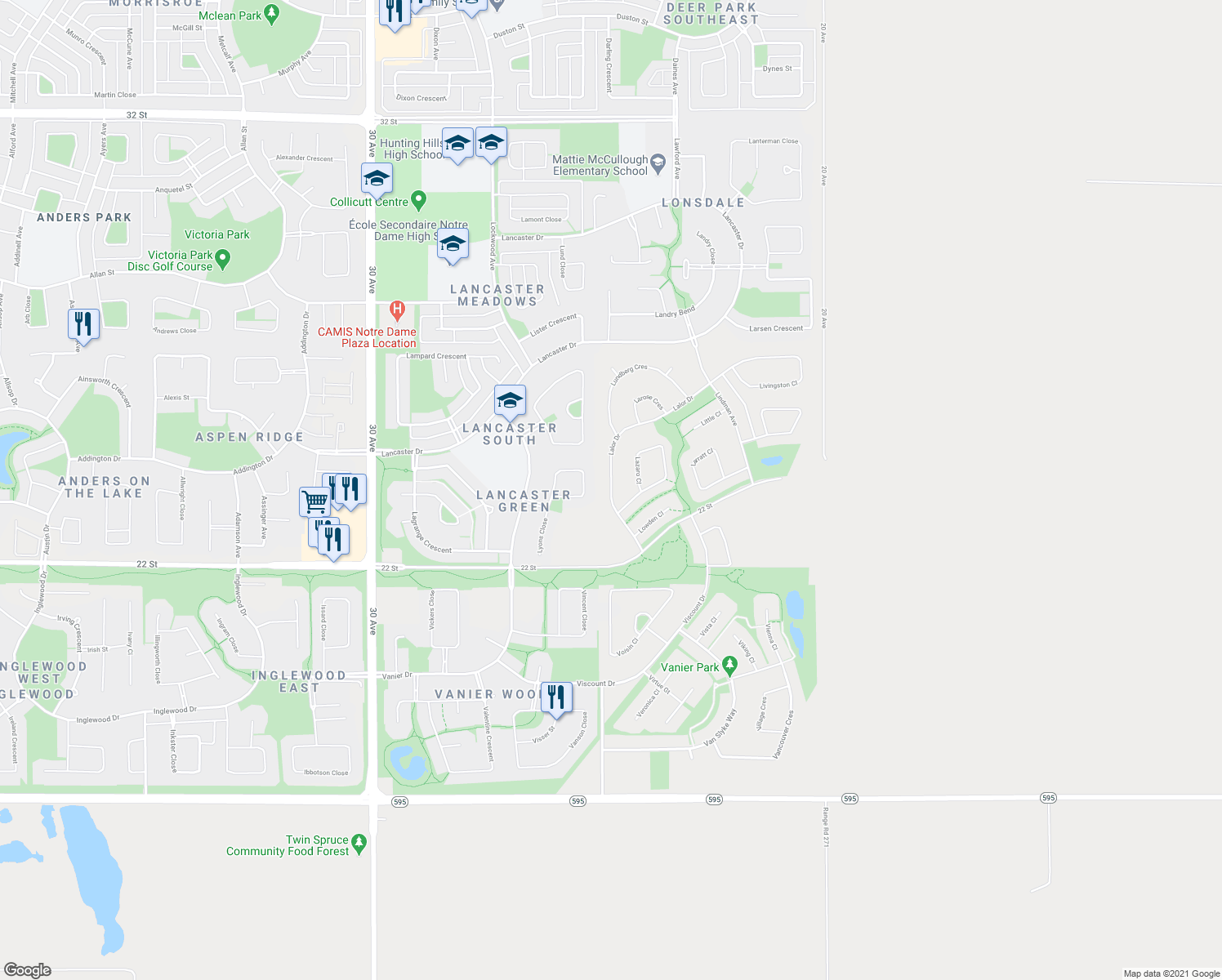 map of restaurants, bars, coffee shops, grocery stores, and more near 98 Lalor Drive in Red Deer