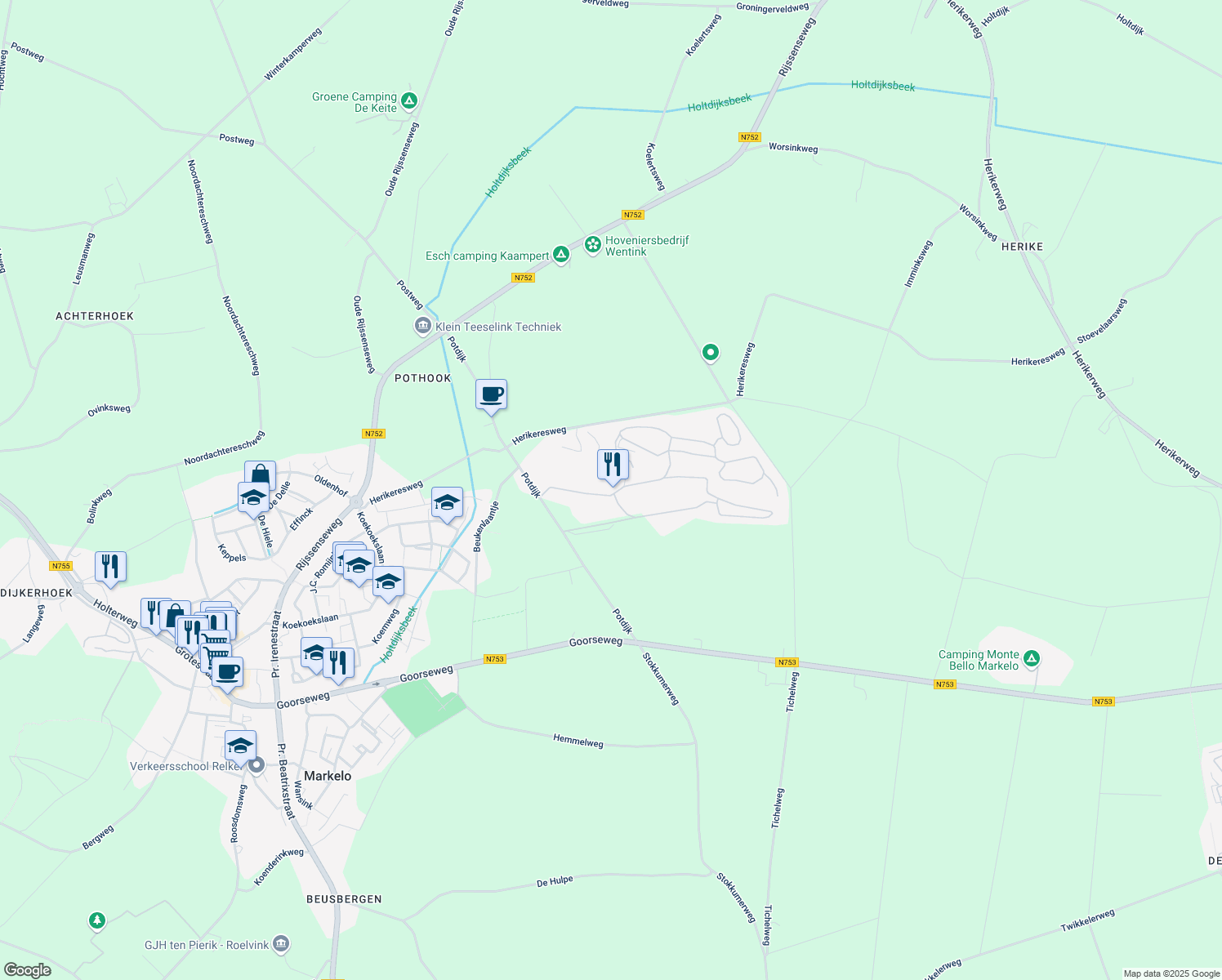 map of restaurants, bars, coffee shops, grocery stores, and more near 8B Potdijk in Markelo