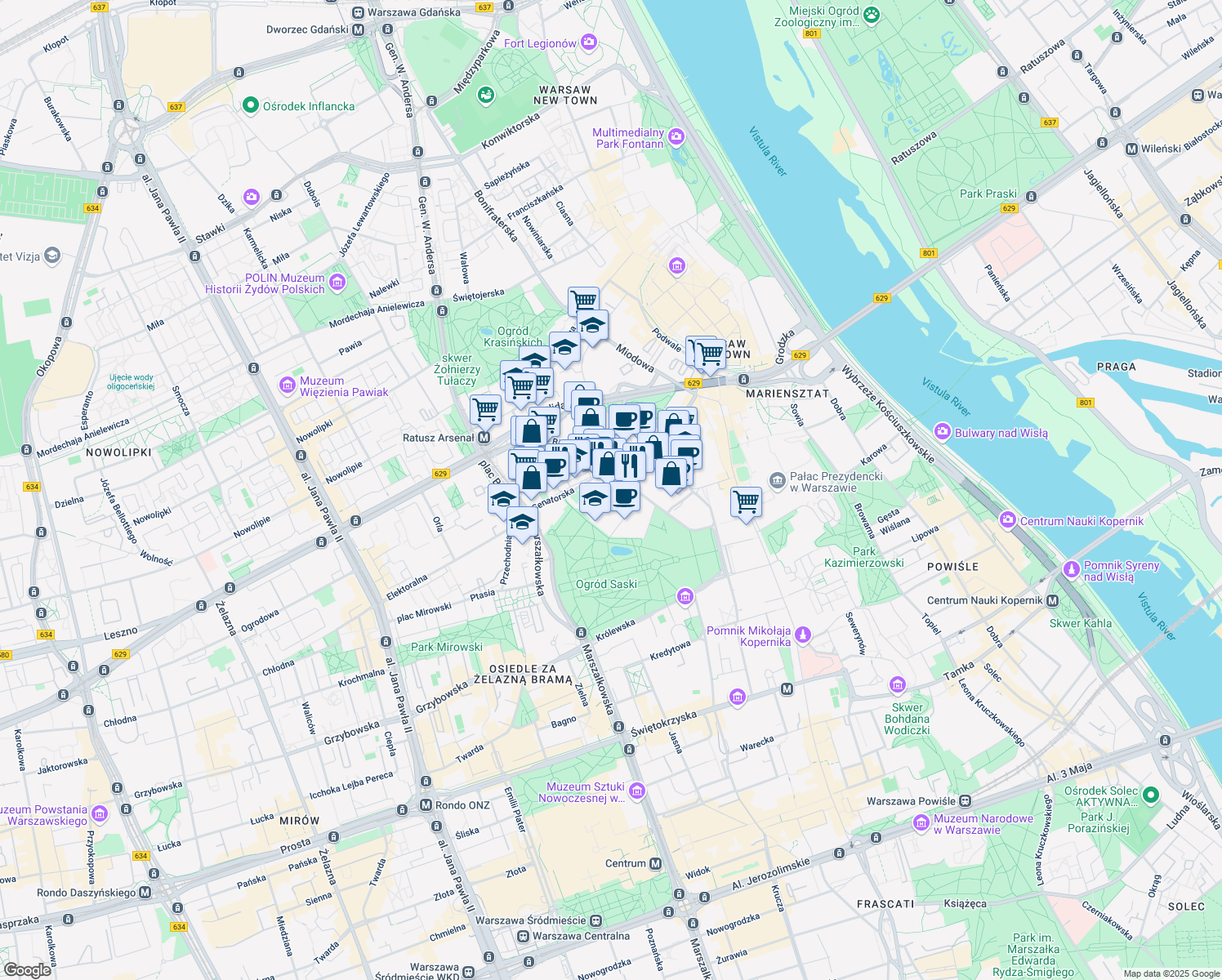 map of restaurants, bars, coffee shops, grocery stores, and more near 4 Canaletta in Warszawa