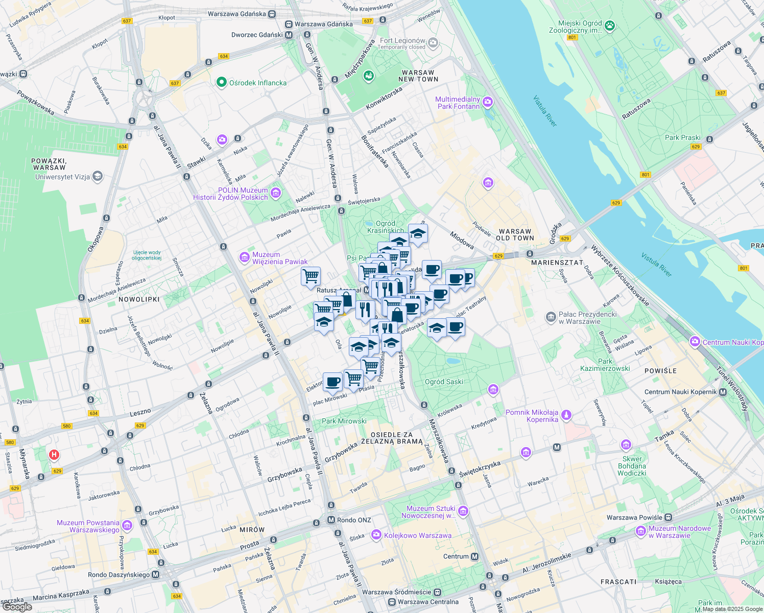 map of restaurants, bars, coffee shops, grocery stores, and more near 2 plac Bankowy in Warszawa
