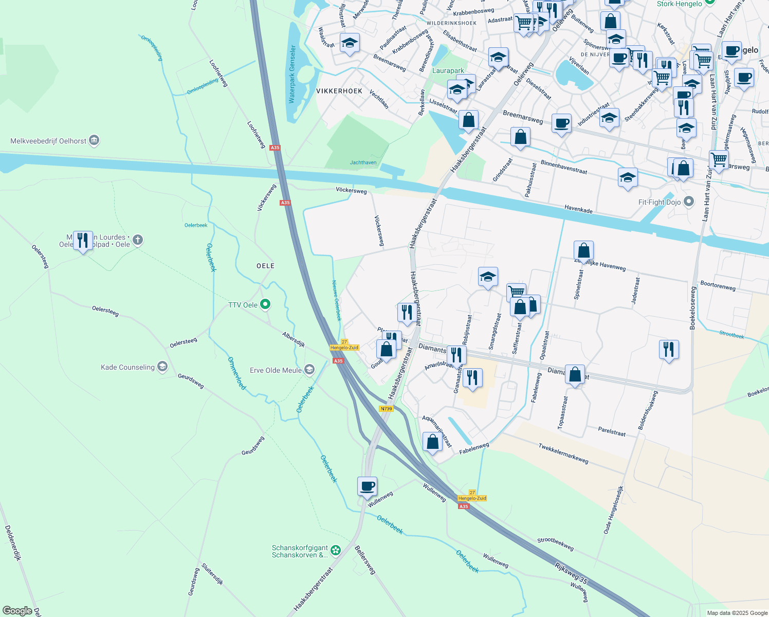 map of restaurants, bars, coffee shops, grocery stores, and more near 50 Platinastraat in Hengelo