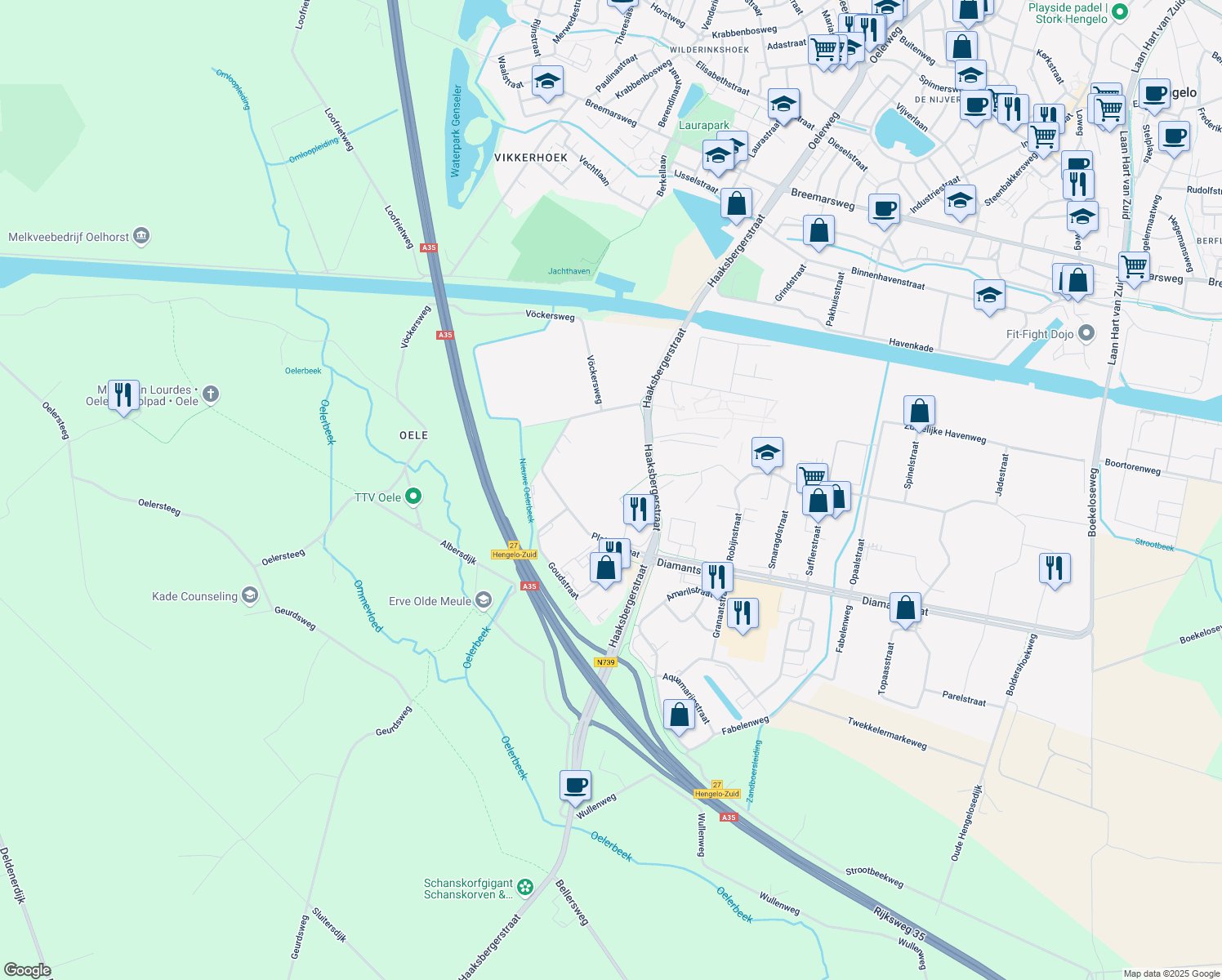 map of restaurants, bars, coffee shops, grocery stores, and more near 50 Platinastraat in Hengelo