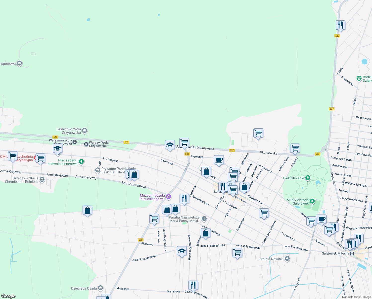 map of restaurants, bars, coffee shops, grocery stores, and more near 3 aleja Piłsudskiego in Sulejówek
