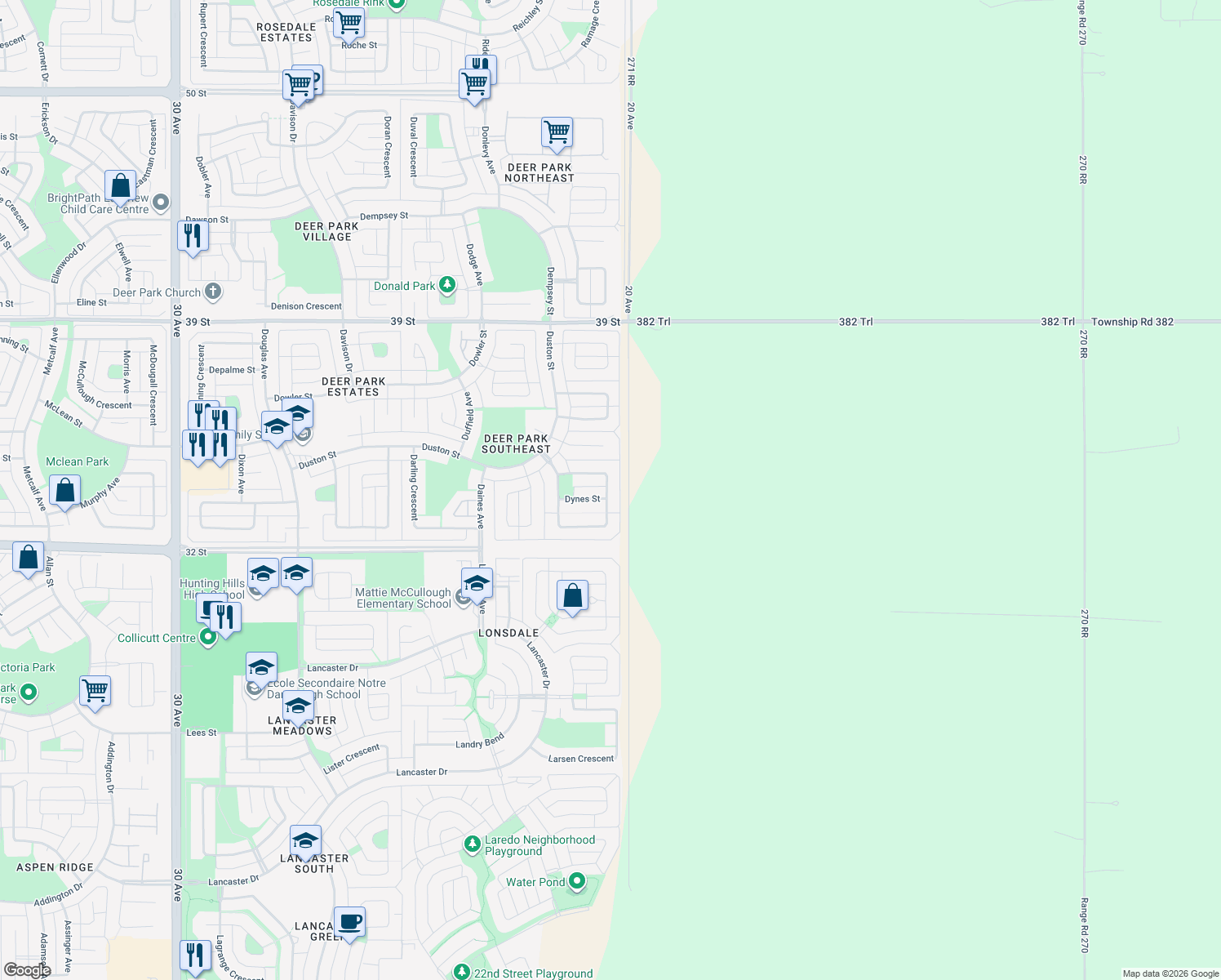 map of restaurants, bars, coffee shops, grocery stores, and more near 204 Deschner Close in Red Deer