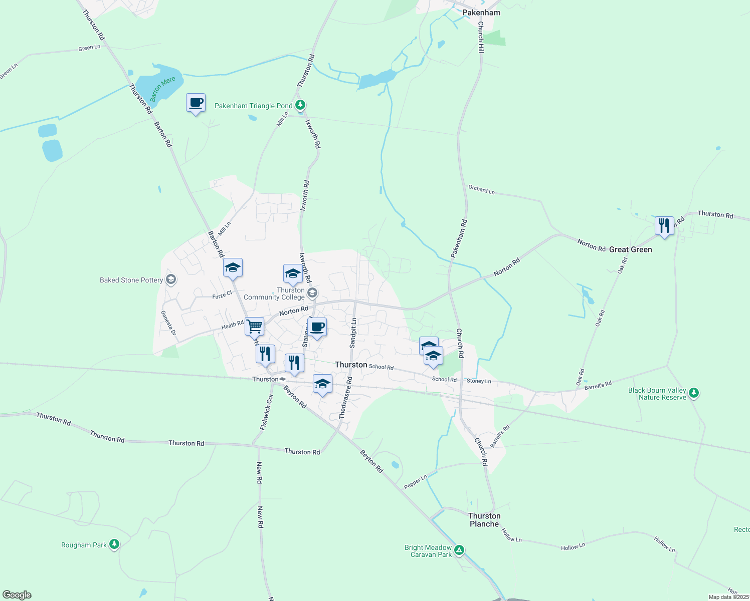 map of restaurants, bars, coffee shops, grocery stores, and more near Norton Road in Thurston