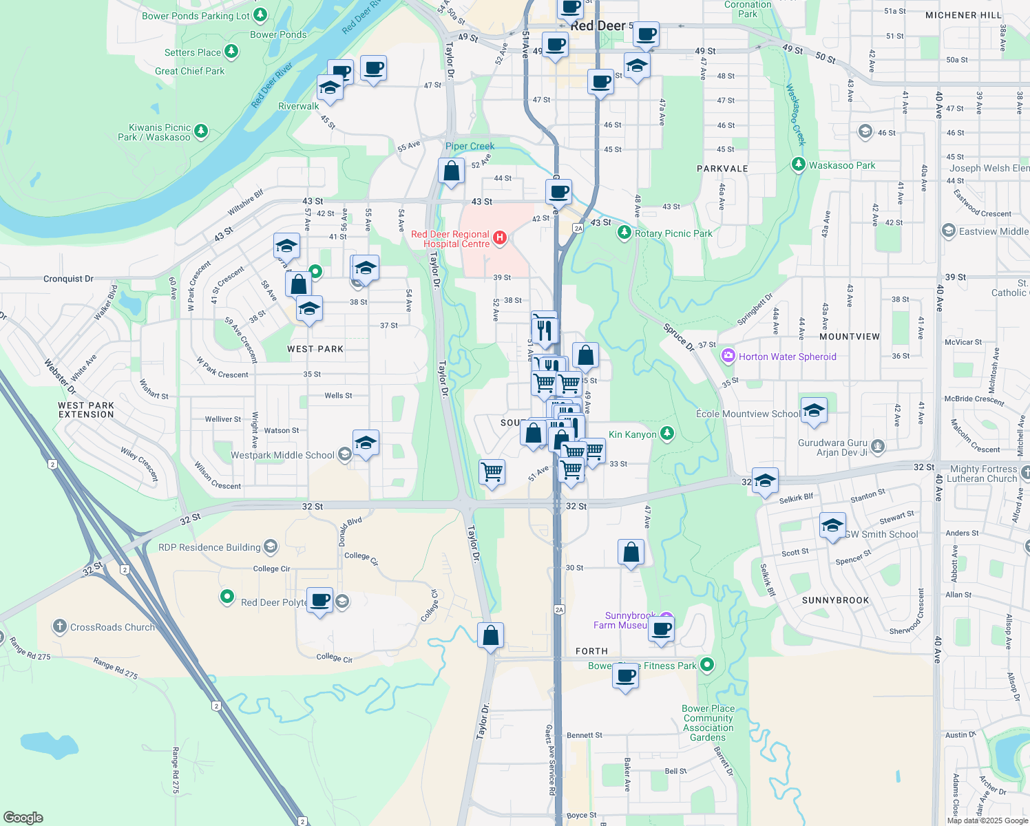 map of restaurants, bars, coffee shops, grocery stores, and more near 6 34 Street in Red Deer