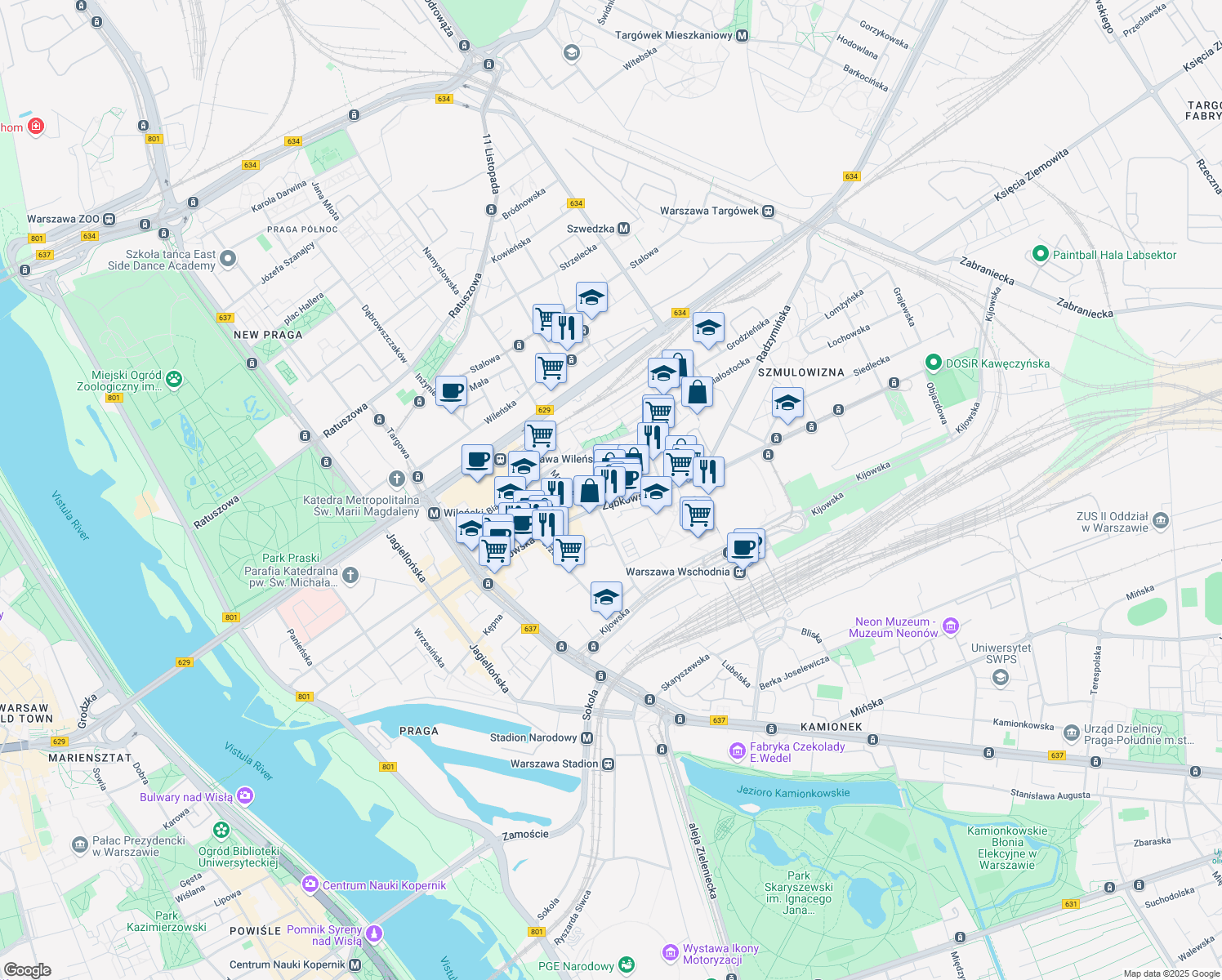 map of restaurants, bars, coffee shops, grocery stores, and more near 27/31 Ząbkowska in Warszawa