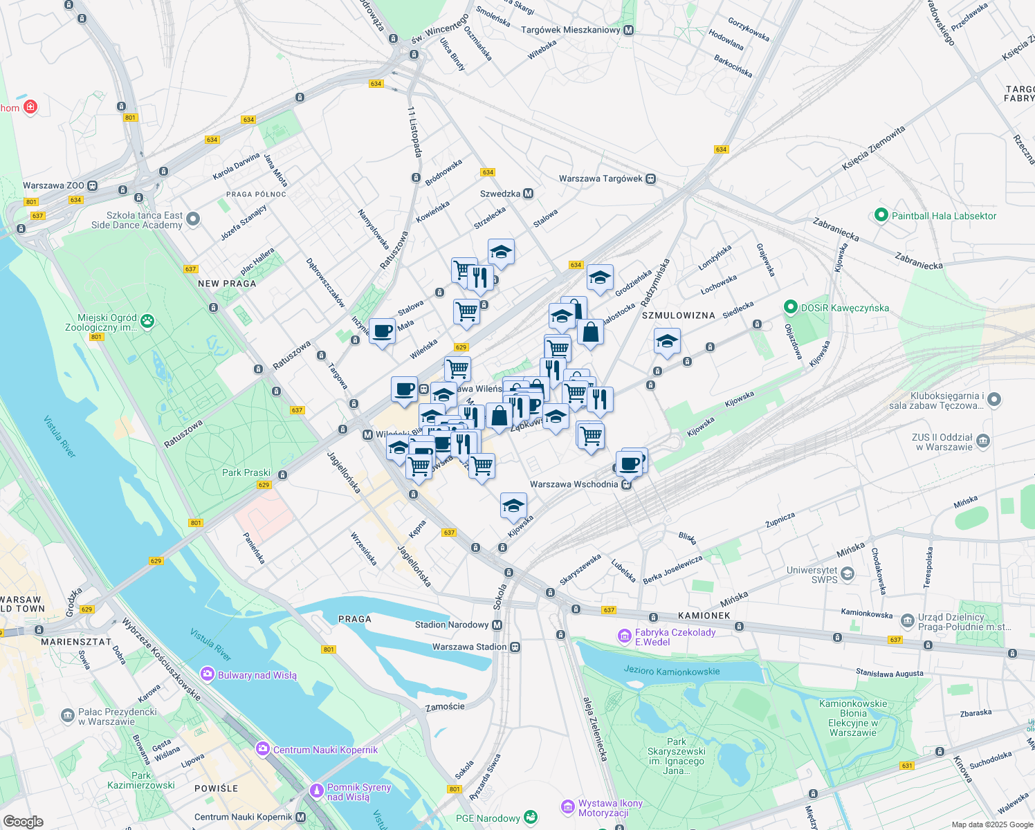 map of restaurants, bars, coffee shops, grocery stores, and more near 27/31 Ząbkowska in Warszawa