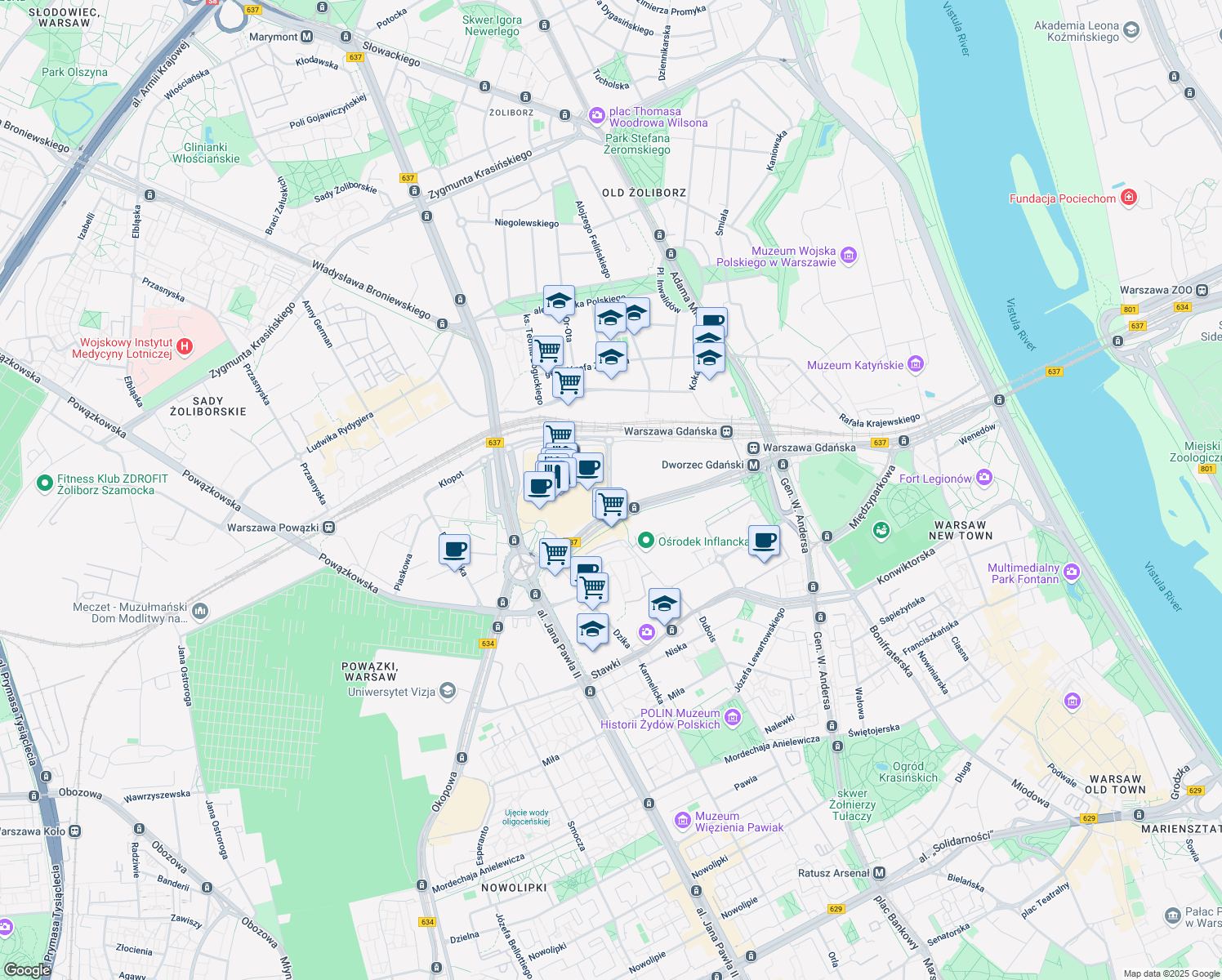map of restaurants, bars, coffee shops, grocery stores, and more near Pamiętajcie o Ogrodach in Warszawa