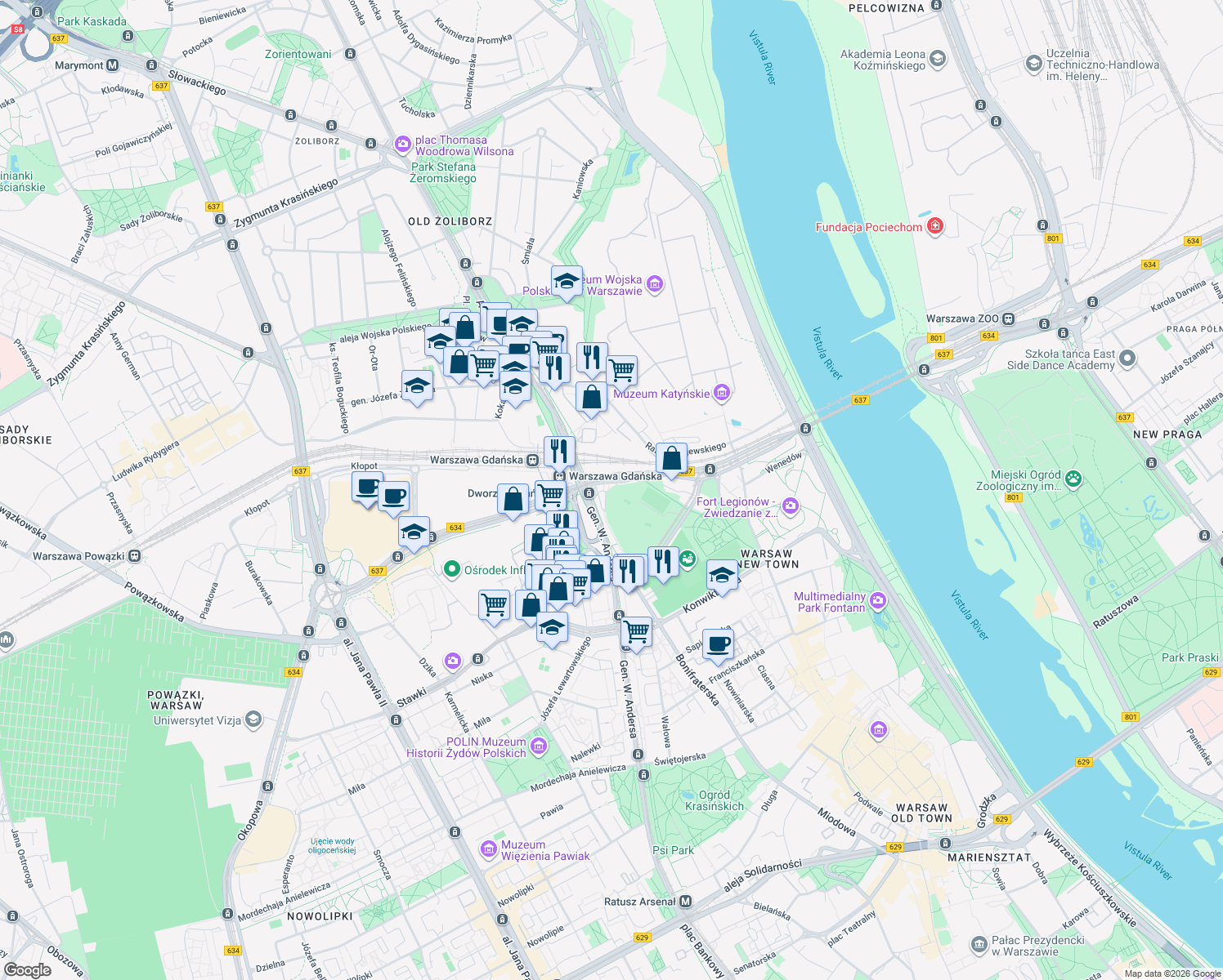 map of restaurants, bars, coffee shops, grocery stores, and more near 20 Lindego in Warszawa