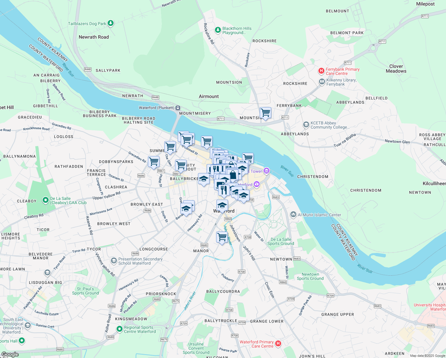 map of restaurants, bars, coffee shops, grocery stores, and more near 12 Broad Street in Waterford