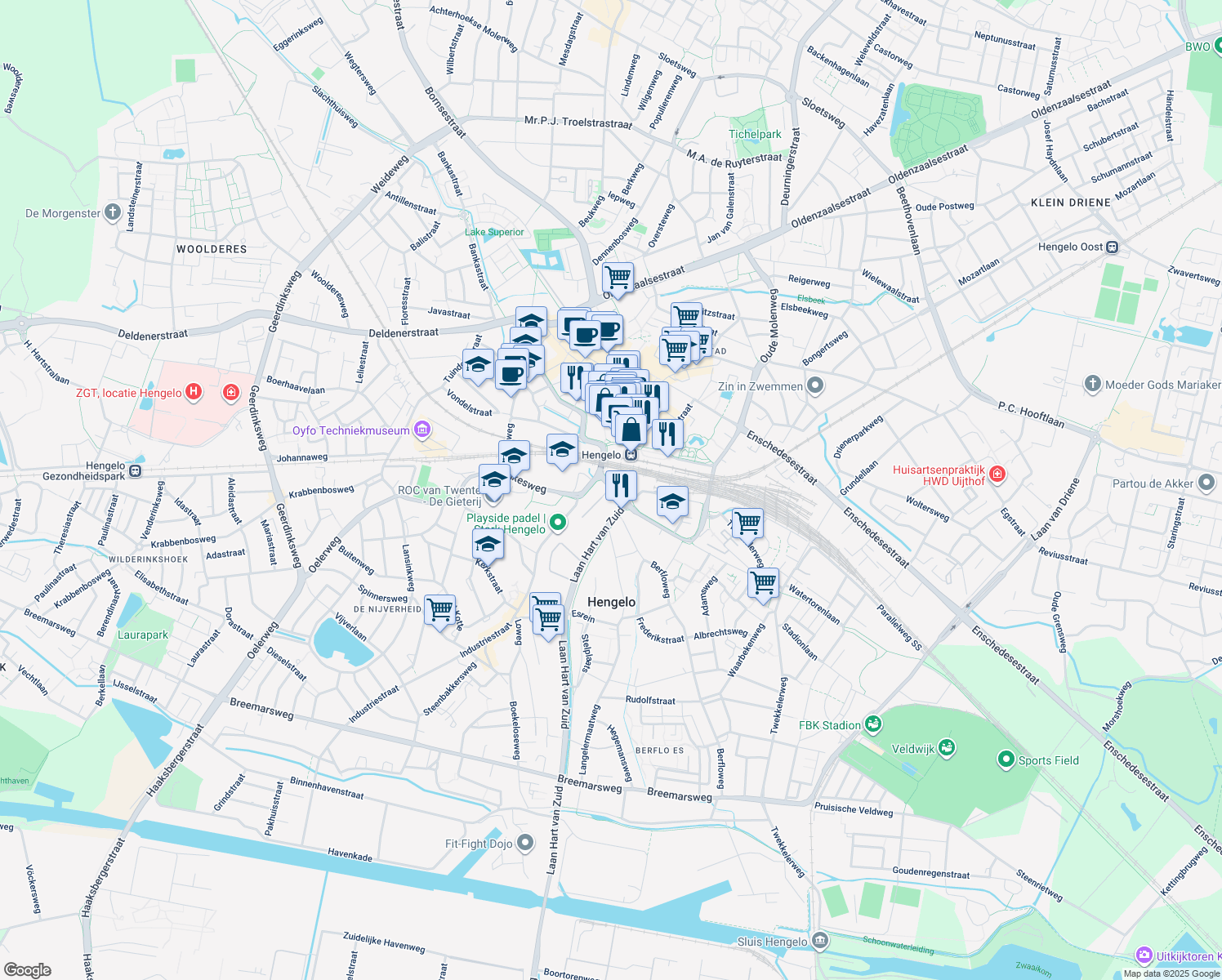 map of restaurants, bars, coffee shops, grocery stores, and more near in Hengelo