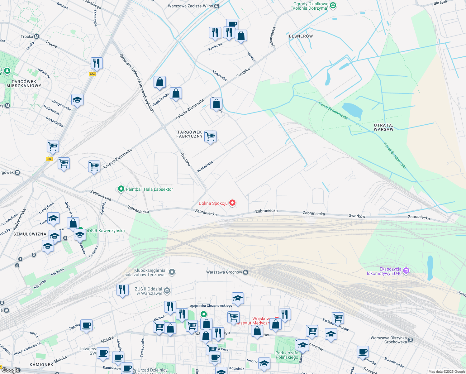 map of restaurants, bars, coffee shops, grocery stores, and more near 14 Matuszewska in Warszawa
