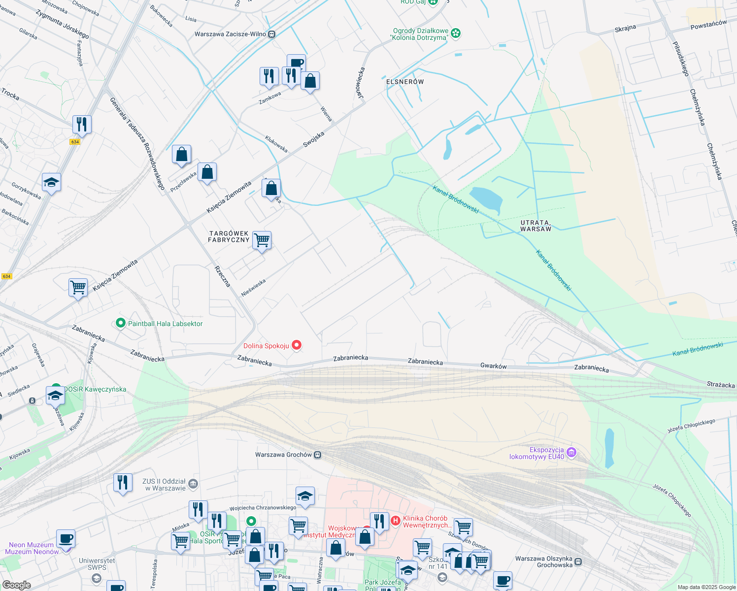 map of restaurants, bars, coffee shops, grocery stores, and more near 14 Matuszewska in Warszawa