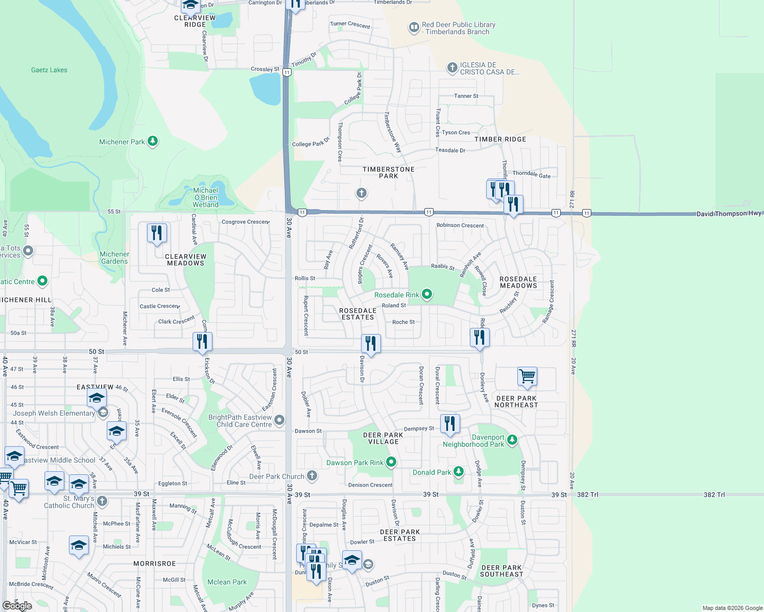 map of restaurants, bars, coffee shops, grocery stores, and more near 49 Roland Street in Red Deer