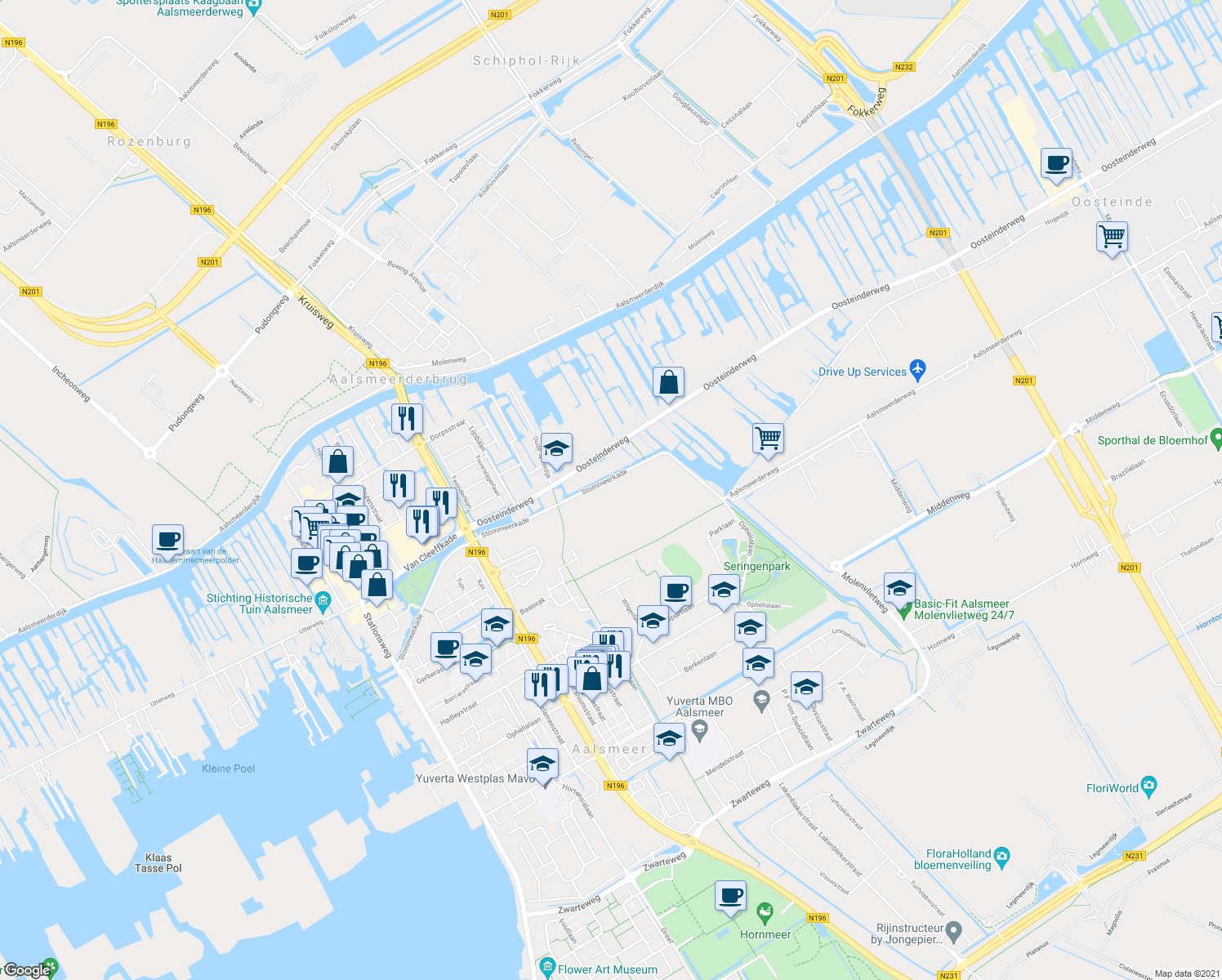 map of restaurants, bars, coffee shops, grocery stores, and more near 64 Stommeerkade in Aalsmeer