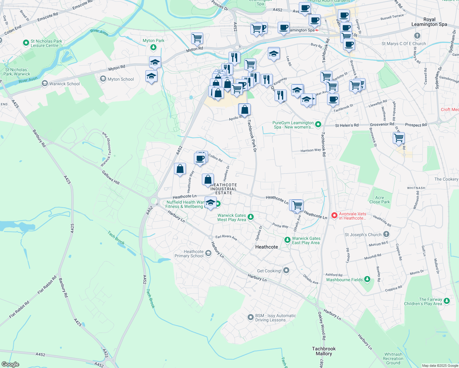 map of restaurants, bars, coffee shops, grocery stores, and more near 2 Hawkes Drive in Royal Leamington Spa