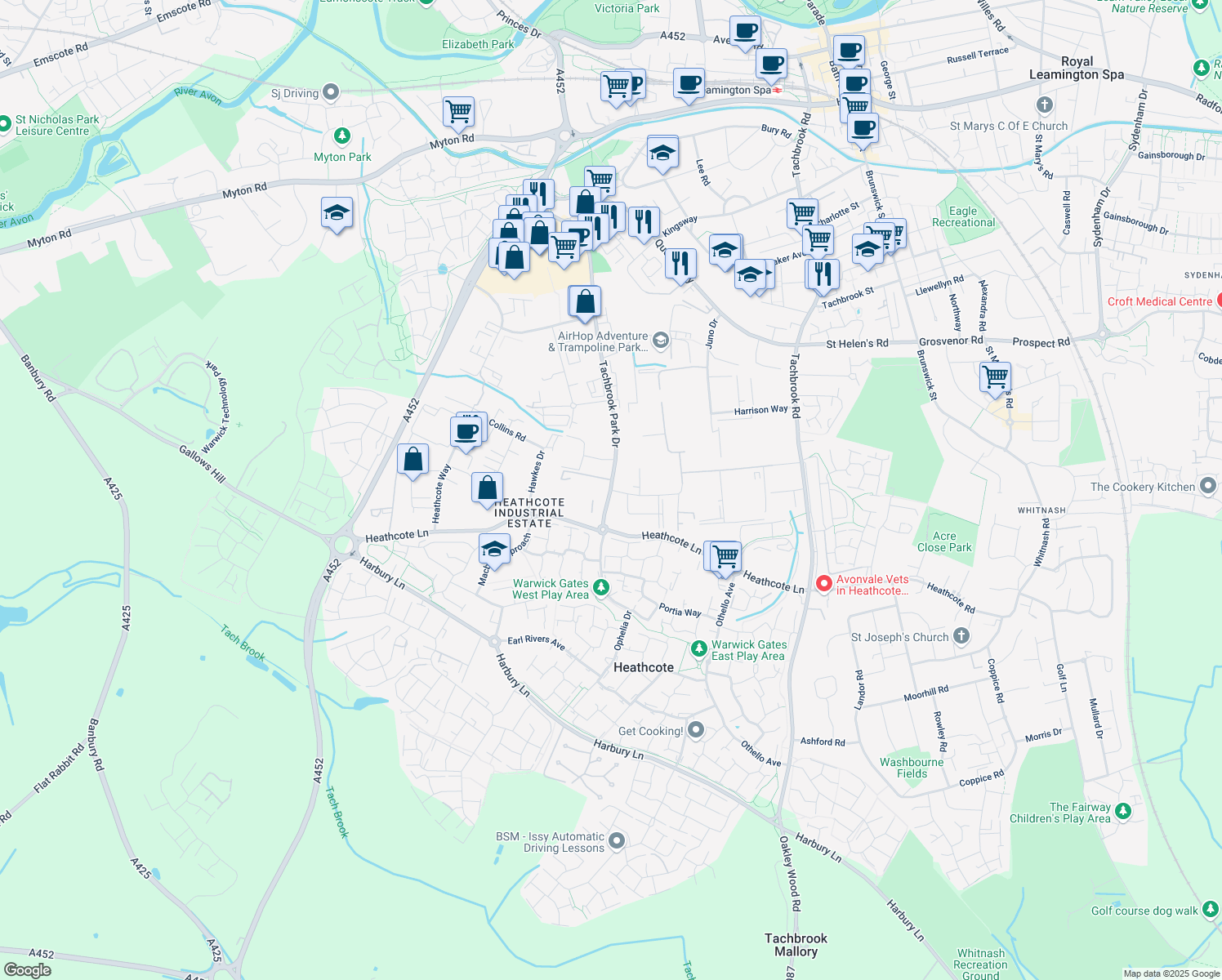 map of restaurants, bars, coffee shops, grocery stores, and more near Tachbrook Park Drive in Royal Leamington Spa
