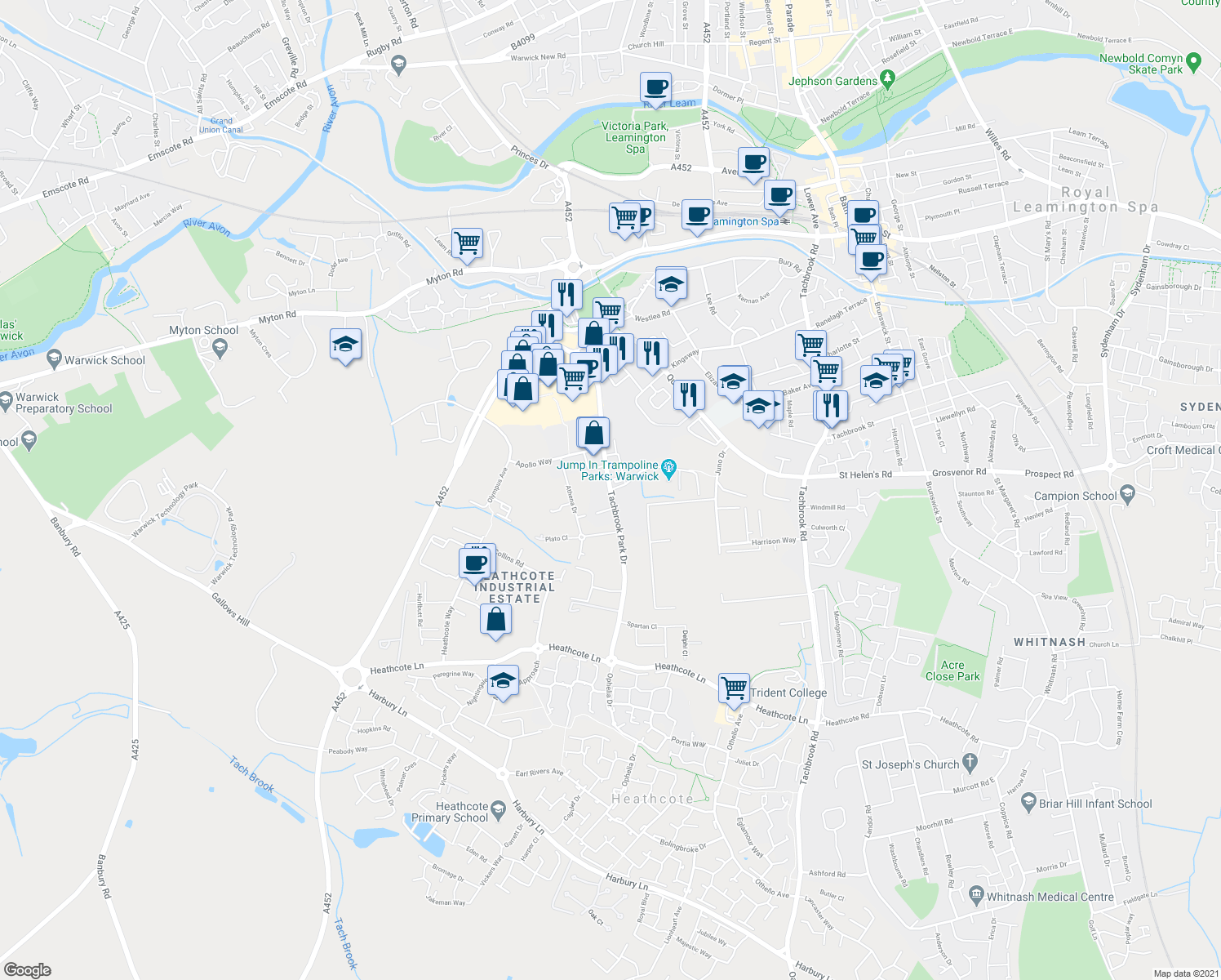 map of restaurants, bars, coffee shops, grocery stores, and more near Tachbrook Park Drive in Royal Leamington Spa