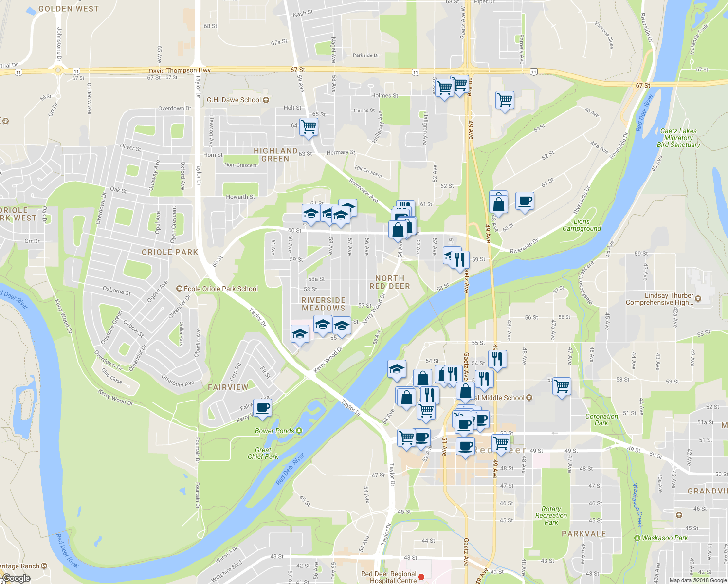 map of restaurants, bars, coffee shops, grocery stores, and more near 5716 B 56 Avenue in Red Deer