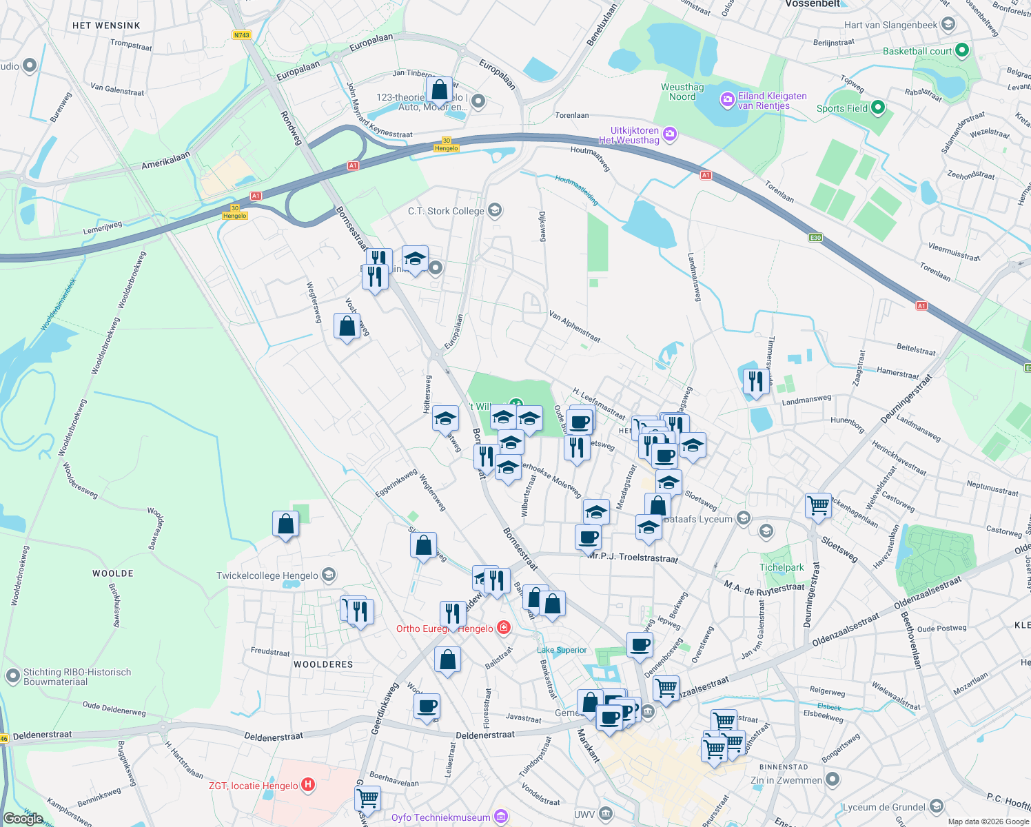 map of restaurants, bars, coffee shops, grocery stores, and more near 101 Oude Bornseweg in Hengelo