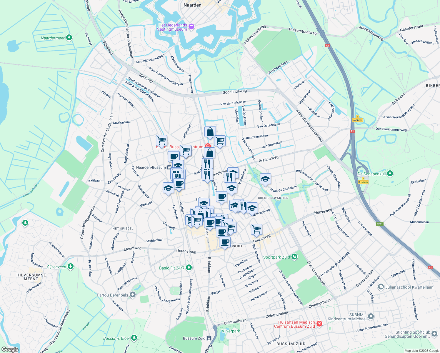 map of restaurants, bars, coffee shops, grocery stores, and more near 12 Brediusweg in Bussum