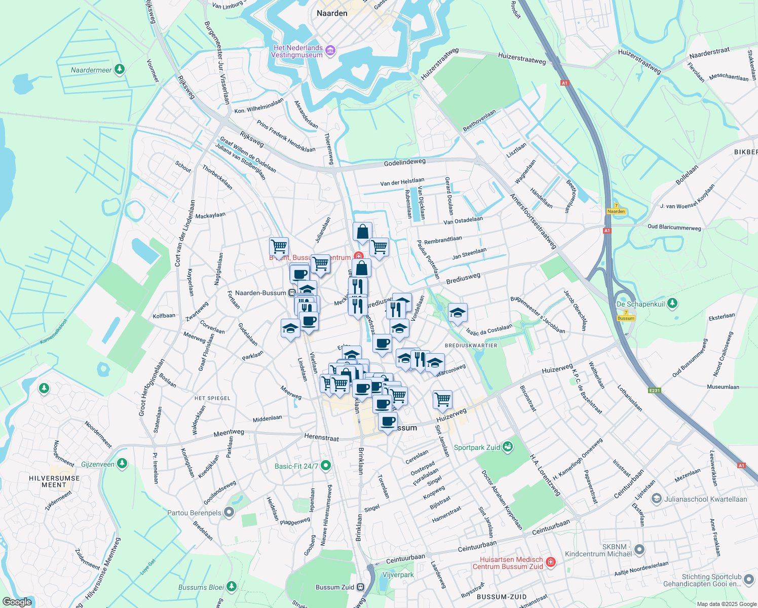 map of restaurants, bars, coffee shops, grocery stores, and more near 12 Brediusweg in Bussum