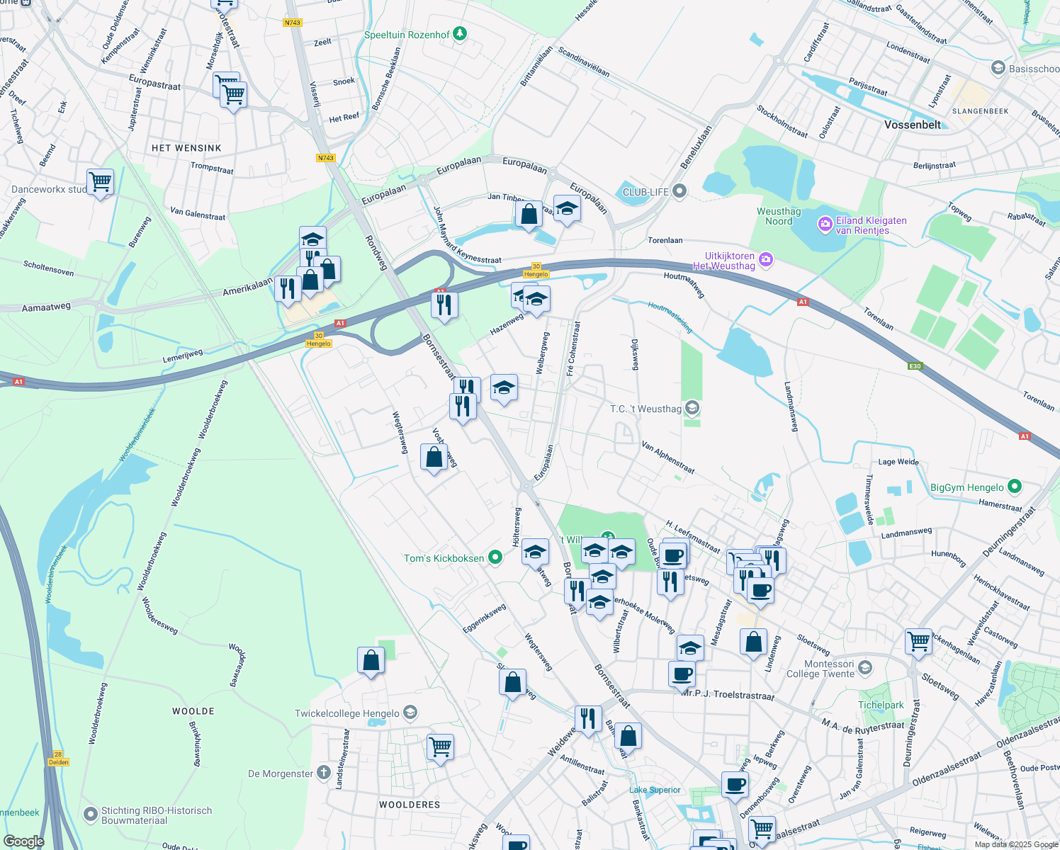 map of restaurants, bars, coffee shops, grocery stores, and more near in Hengelo