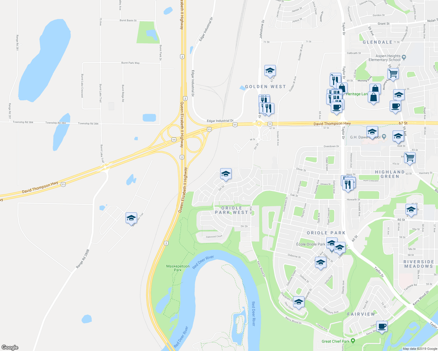 map of restaurants, bars, coffee shops, grocery stores, and more near 60 Osler Crescent in Red Deer