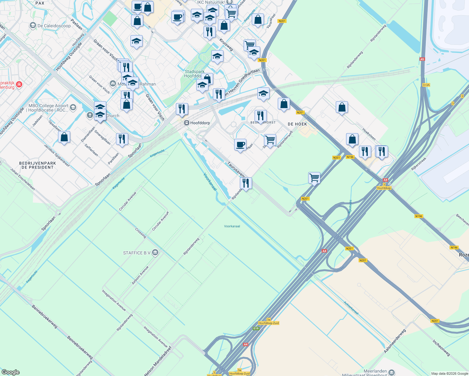 map of restaurants, bars, coffee shops, grocery stores, and more near 165 Taurusavenue in Hoofddorp