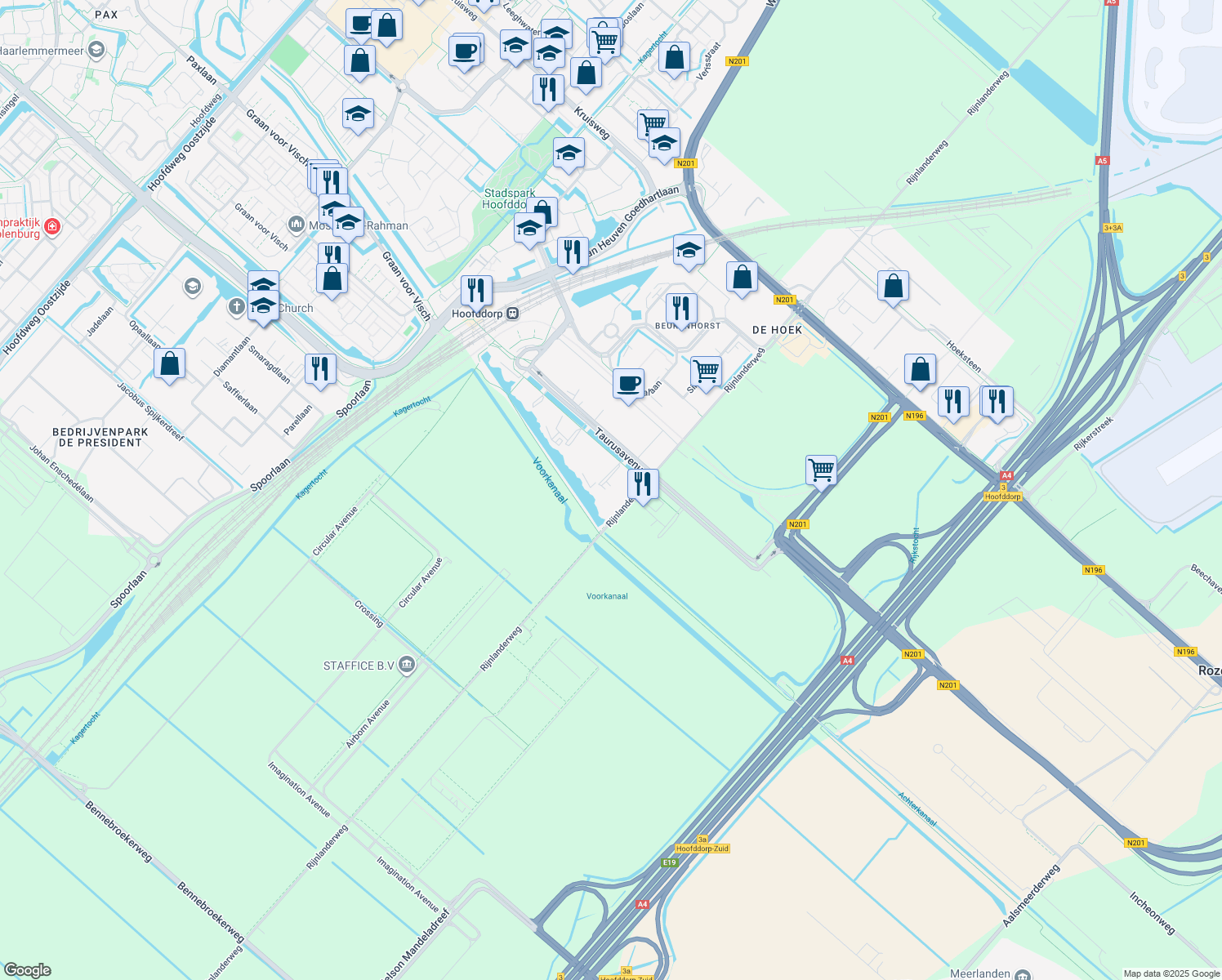 map of restaurants, bars, coffee shops, grocery stores, and more near 165 Taurusavenue in Hoofddorp