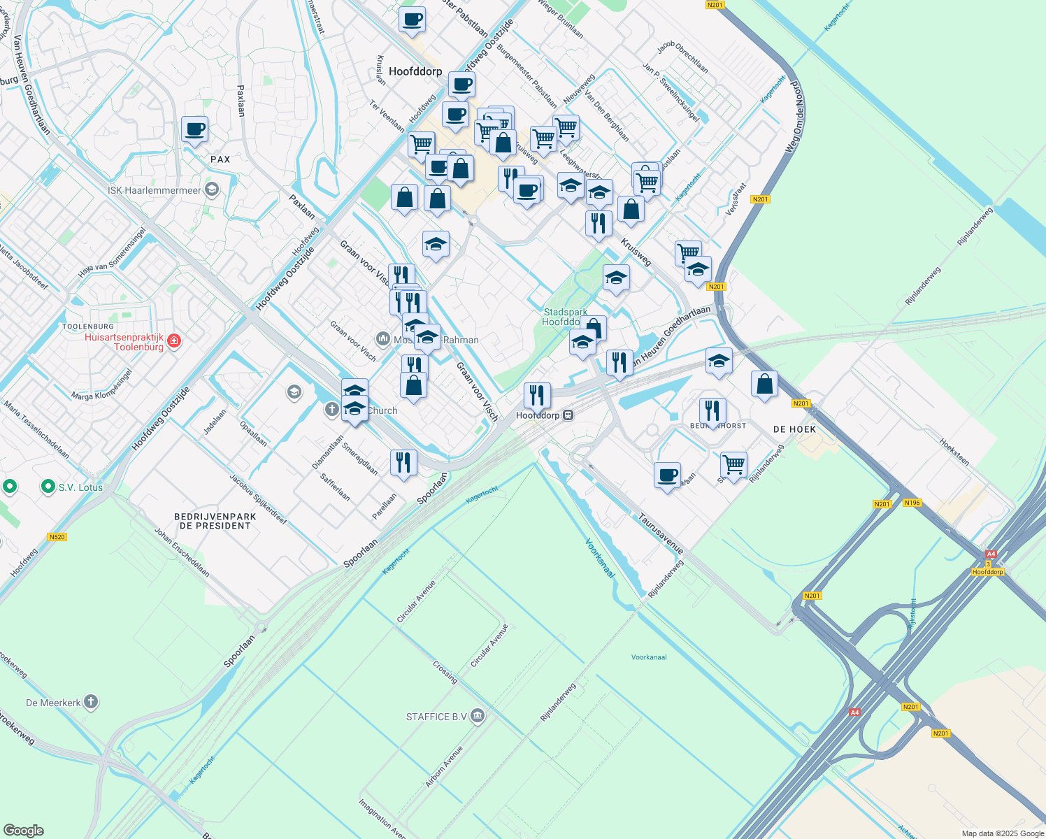 map of restaurants, bars, coffee shops, grocery stores, and more near 1 Mercuriusplein in Hoofddorp
