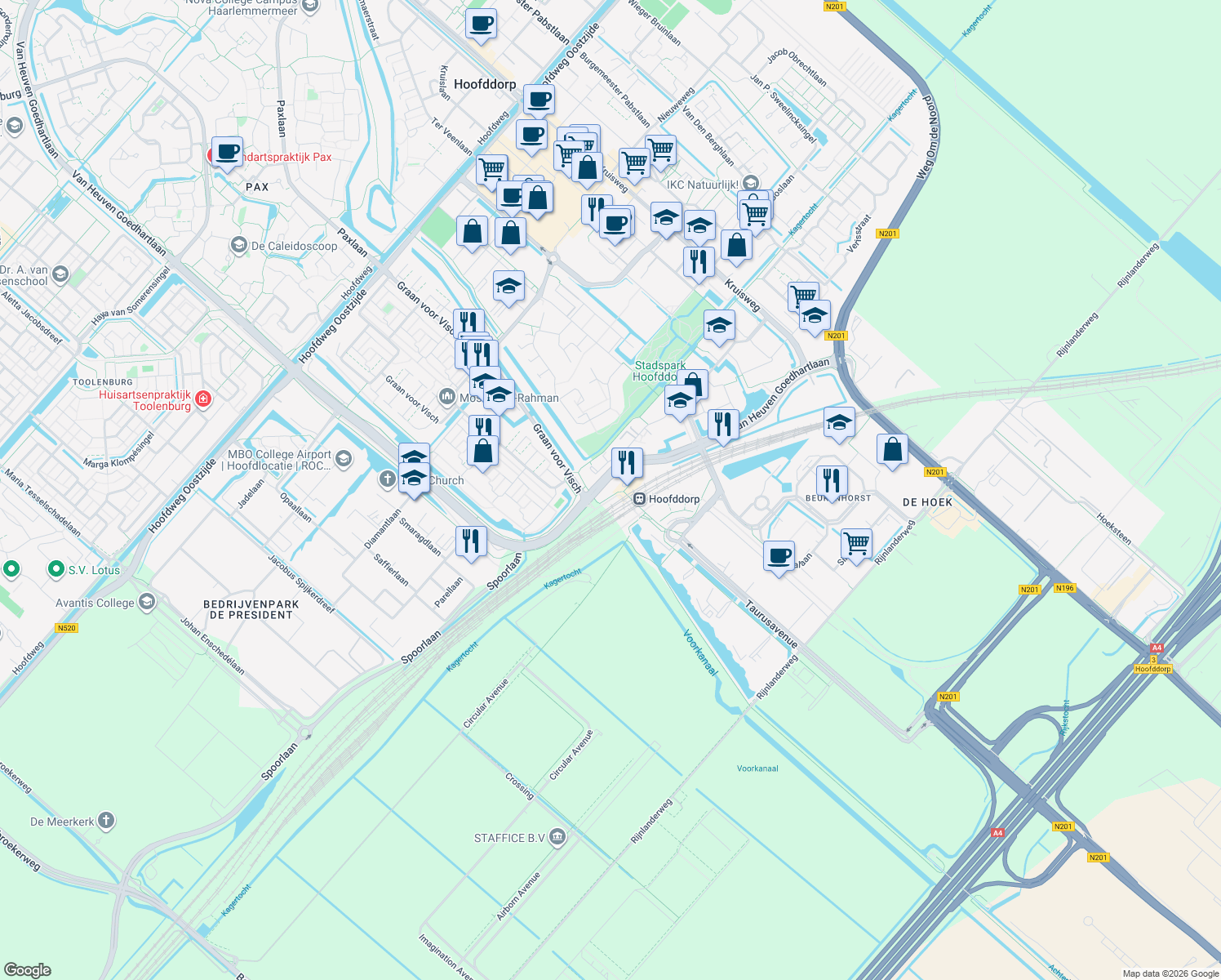 map of restaurants, bars, coffee shops, grocery stores, and more near 1 Mercuriusplein in Hoofddorp