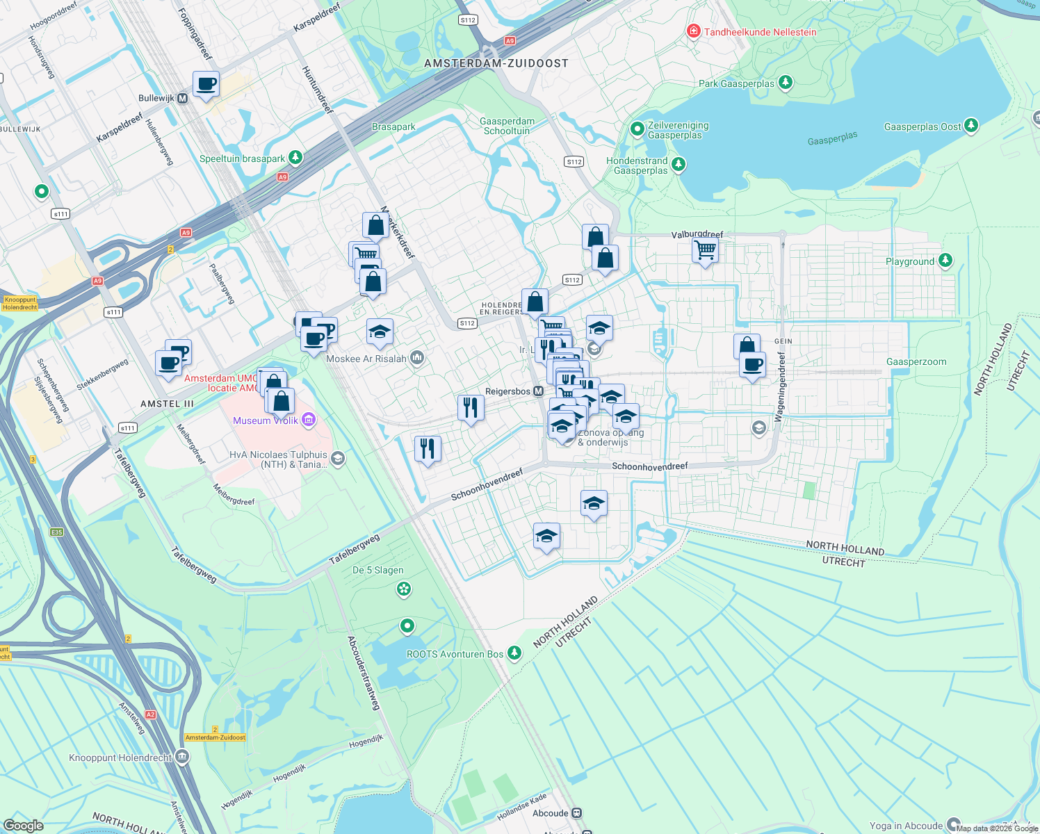 map of restaurants, bars, coffee shops, grocery stores, and more near in Amsterdam