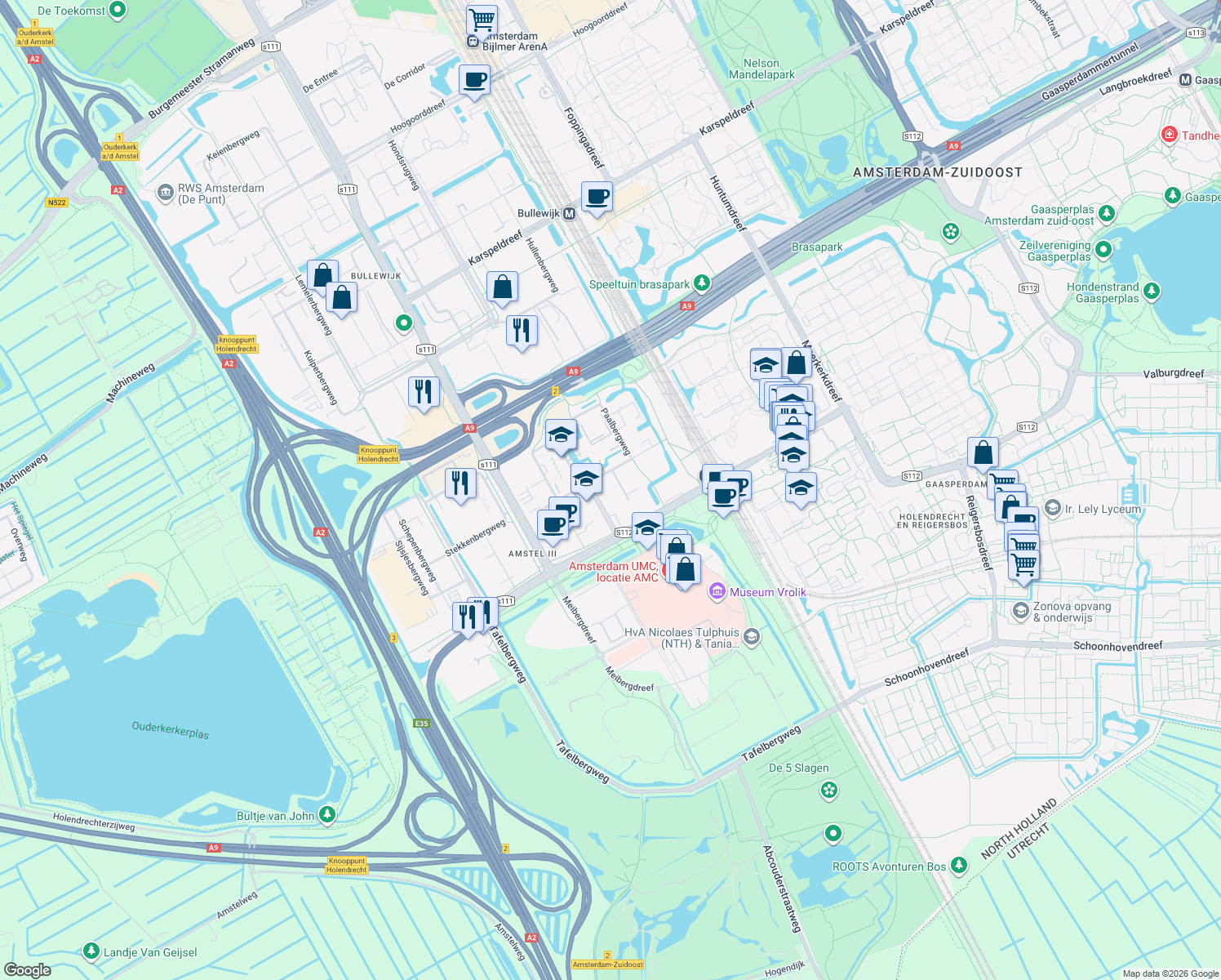 map of restaurants, bars, coffee shops, grocery stores, and more near 25 Paasheuvelweg in Amsterdam