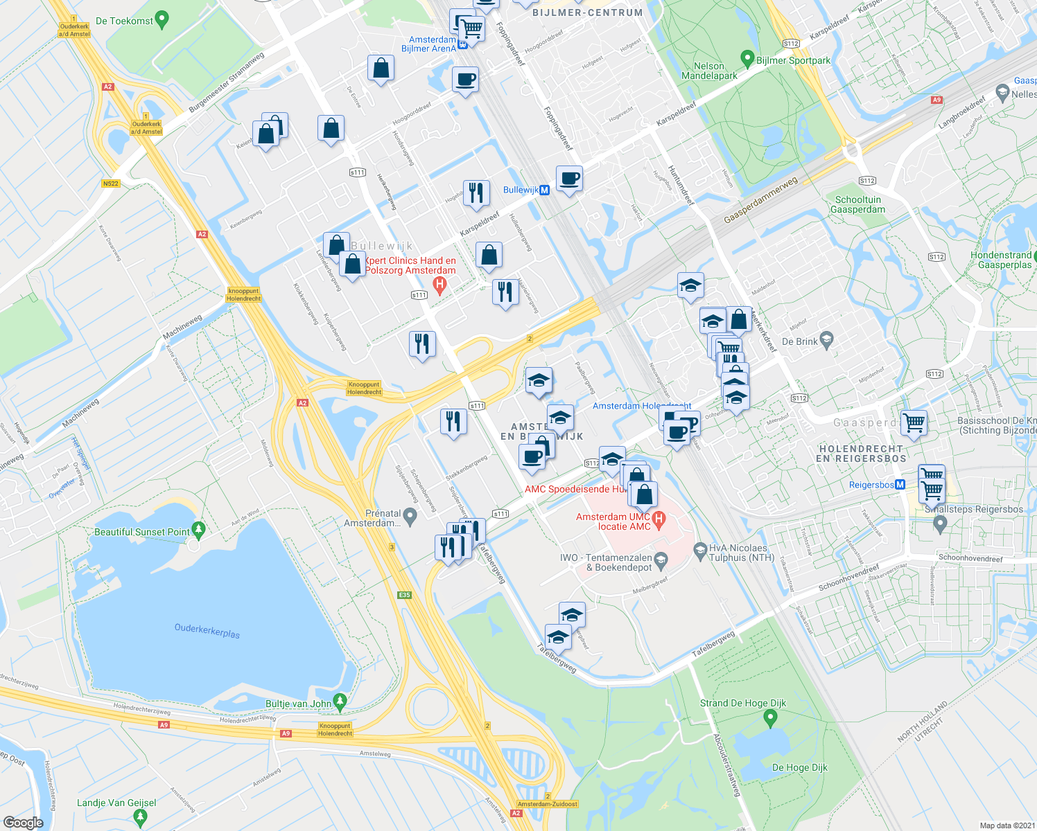map of restaurants, bars, coffee shops, grocery stores, and more near 8 Paasheuvelweg in Amsterdam