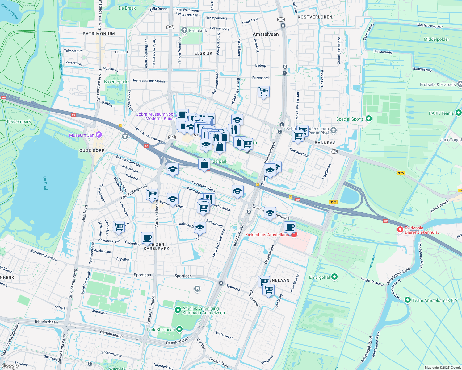 map of restaurants, bars, coffee shops, grocery stores, and more near 30 Burgemeester Rijnderslaan in Amstelveen
